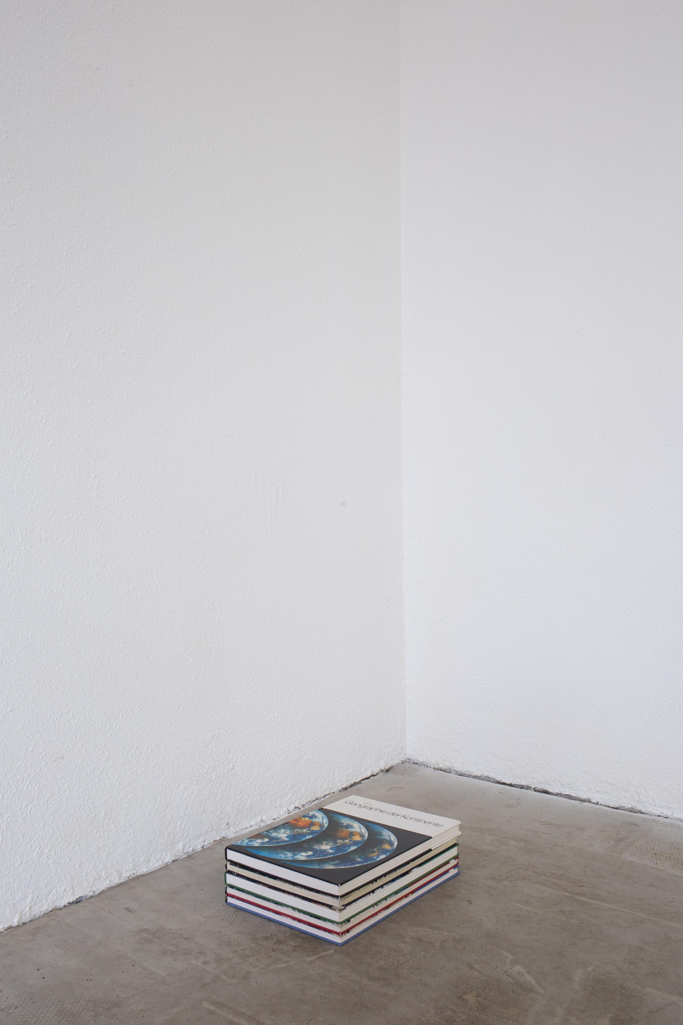 Exhibition View Group Show «Memory Mold; view on Medjid Sopi, Untitled (stolen schoolbooks), 2024 » at Hamlet, Zurich, 2024 / Photo: Leevi Toija / Courtesy: the artists and Hamlet