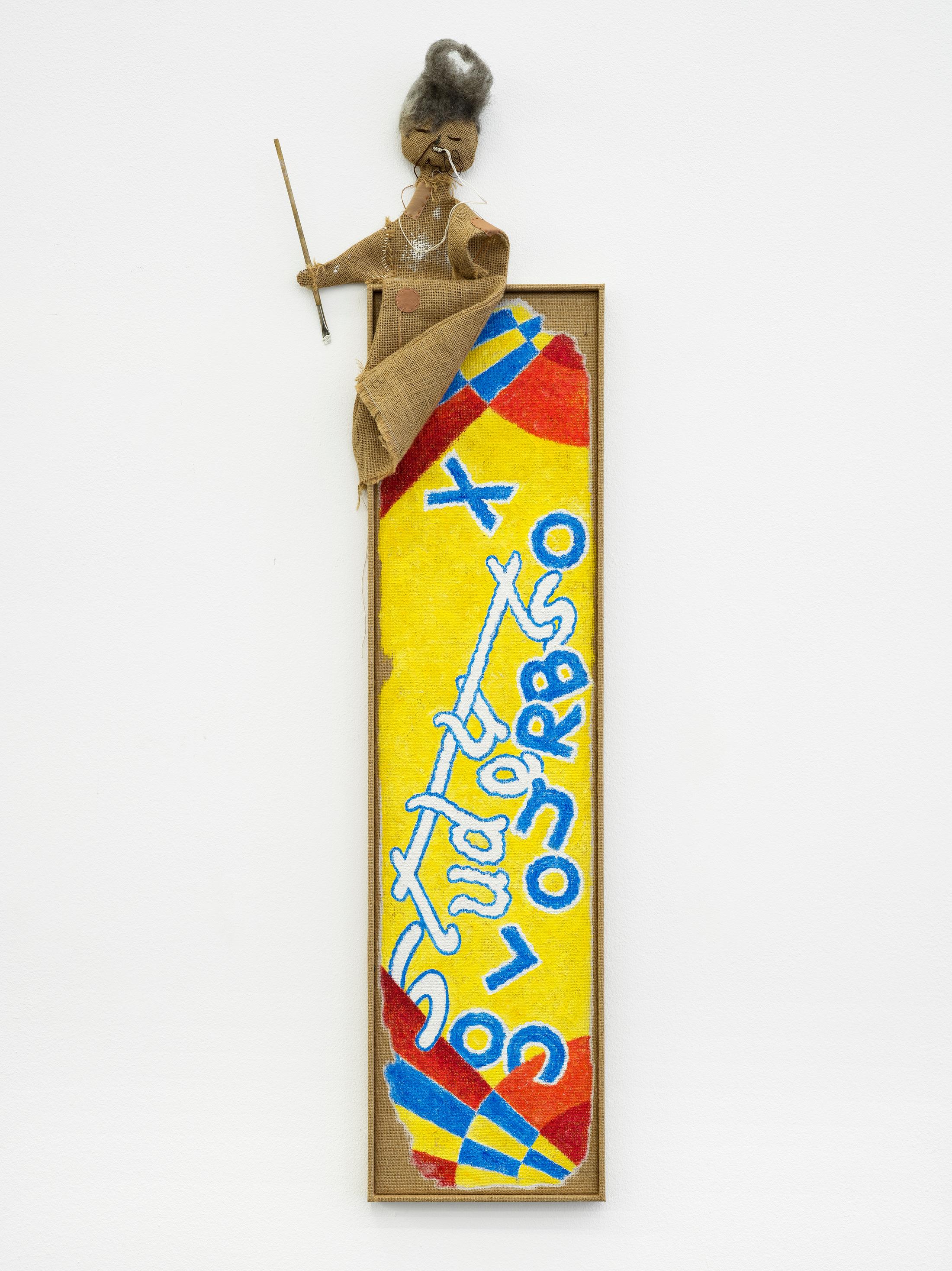 Exhibition View Solo Show Min Yoon «Perspectives + ing; view on Min Yoon, Break + ing Time (right), 2024, Watermixable oil on burlap, thread, polyester, wool felt, wire, hotpatch, magnets, brush, artist’s frame, 127 x 36.5 x 8 cm» at Galerie Francesca Pia, Zurich, 2024 / Photo: Cedric Mussano / Courtesy: The artist and Galerie Francesca Pia