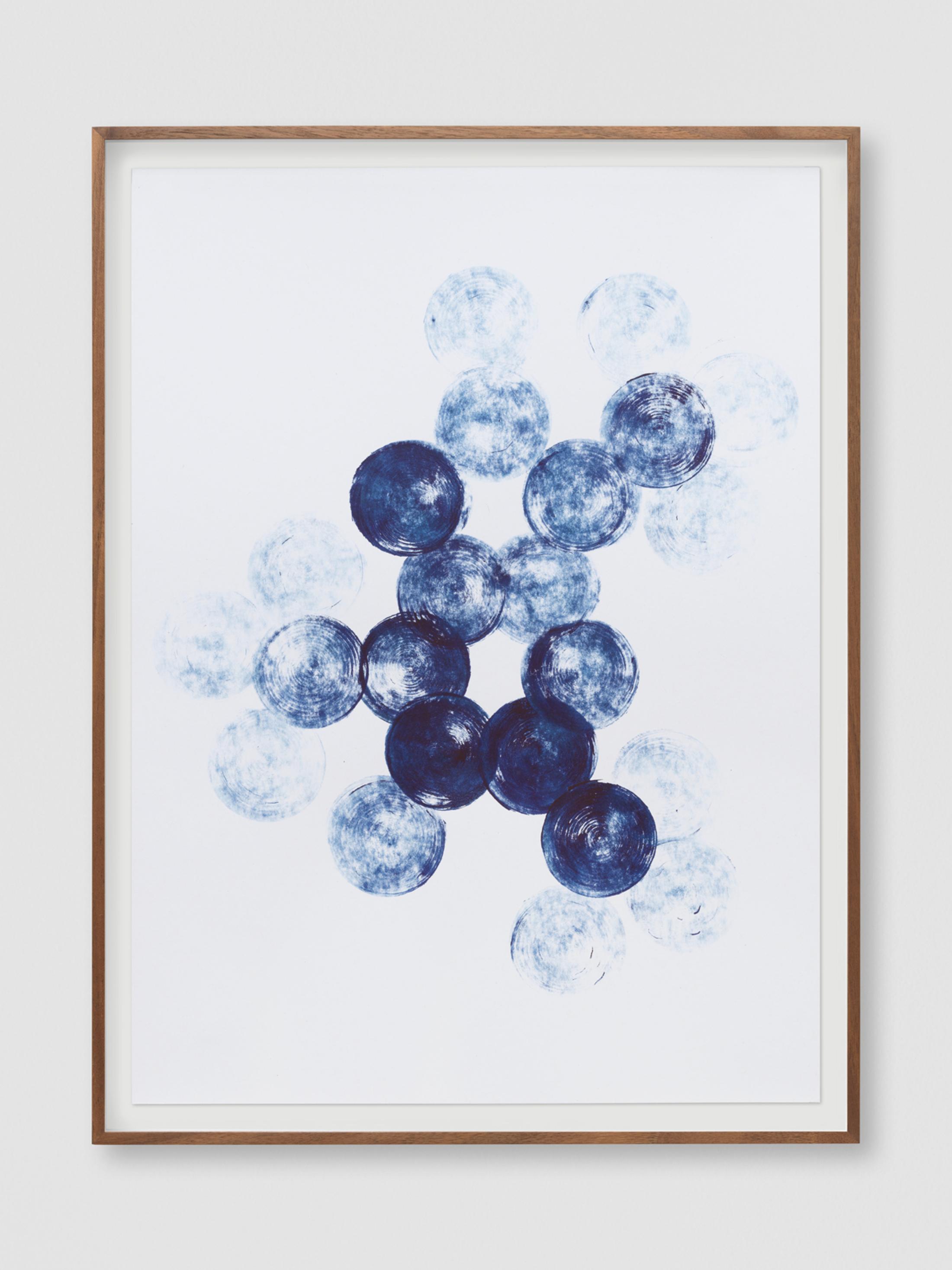 Exhibition View Solo Show Mirko Baselgia «Le jeu de l'échelle; view on Mirko Baselgia, Chemical weapon C8H10N4O2, 2024, Indigo ink on paper, walnut frame, 41.5 x 30 cm» at Galerie Heinzer Reszler, Lausanne, 2024 / Photo: Stefan Altenburger / Courtesy: The artist and Galerie Heinzer Reszler