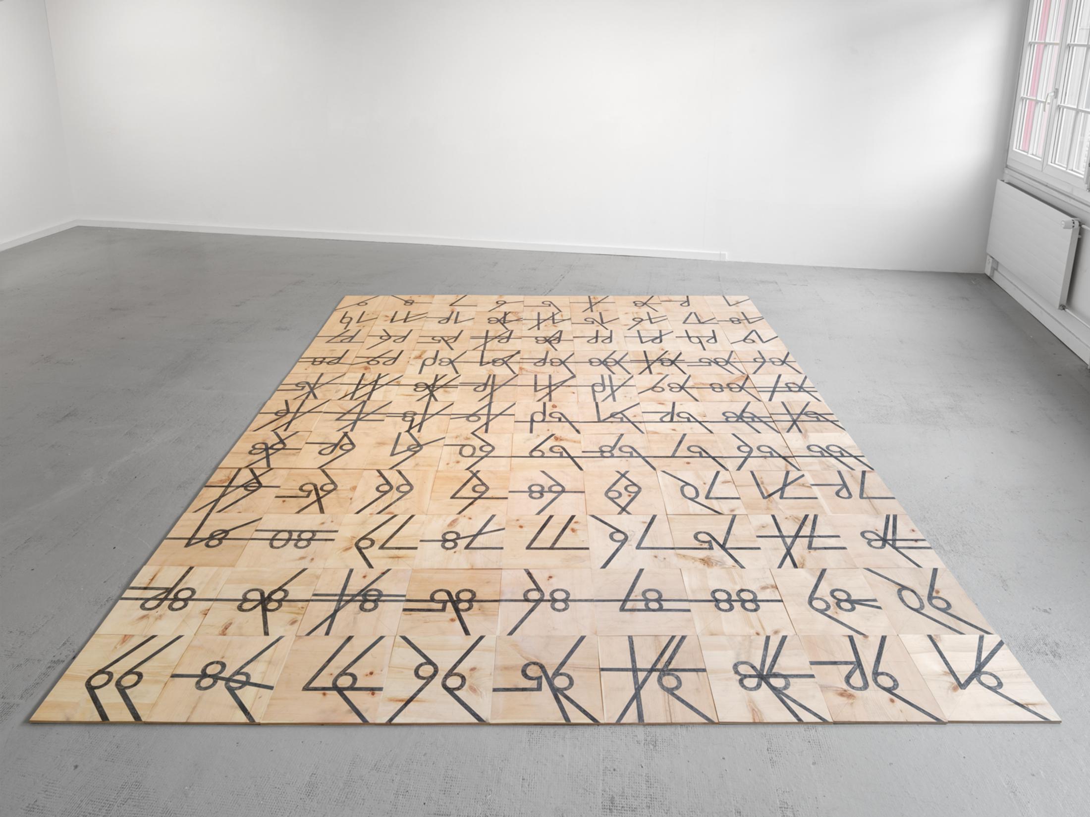 Exhibition View Solo Show Mirko Baselgia «Le jeu de l'échelle; view on Mirko Baselgia, Le jeu de l'échelle, 2024, stone pine wood (Pinus cembra), 297 x 363 x 1 cm» at Galerie Heinzer Reszler, Lausanne, 2024 / Photo: Stefan Altenburger / Courtesy: The artist and Galerie Heinzer Reszler