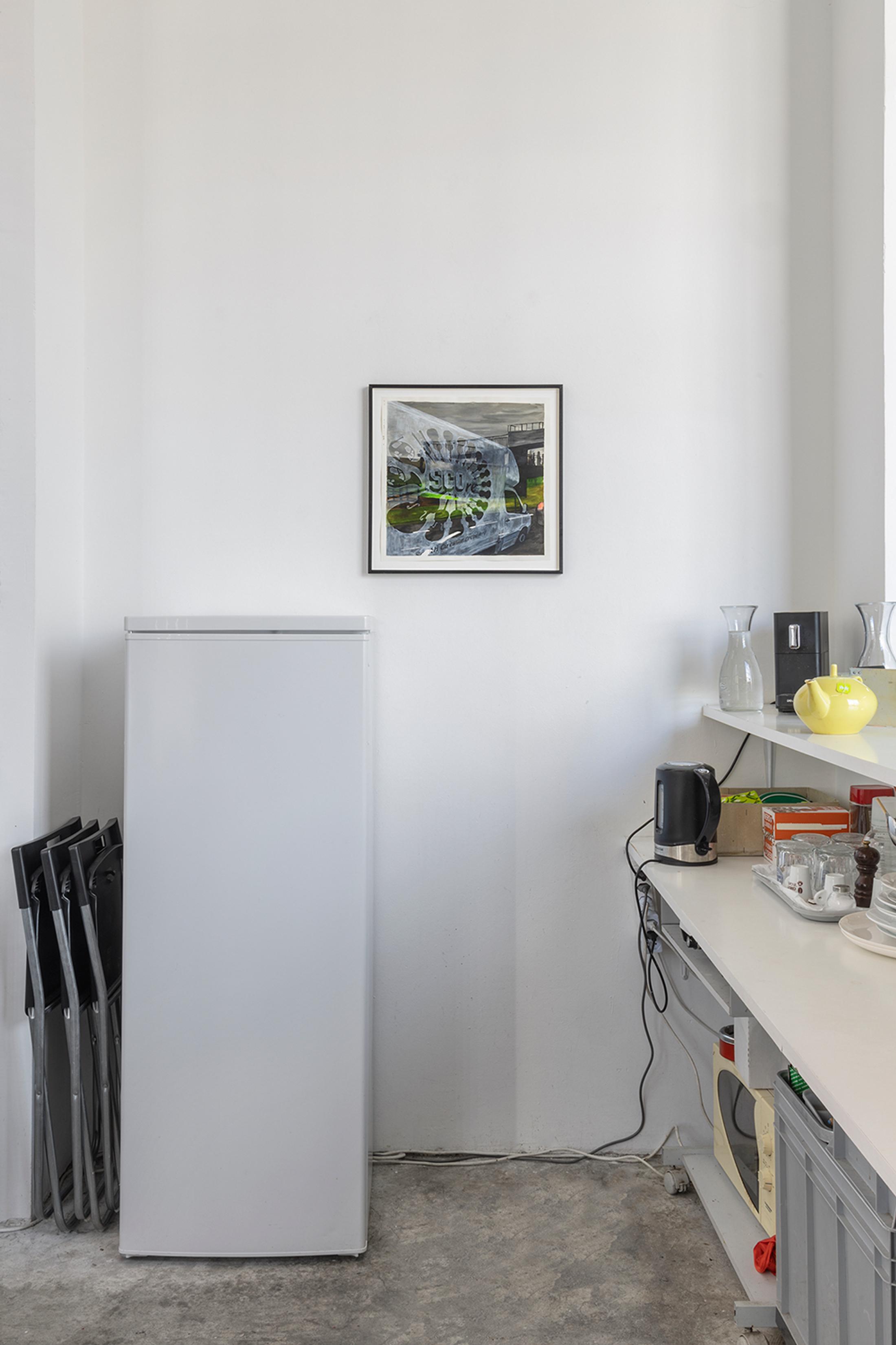 Exhibition View Group Show «Modernization ; view on Philippe Daerendinger, Amateurs: Crystal Palace Progress Band, 2022, ink, pencil and watercolour, 56 × 56 cm» at Circuit, Lausanne, 2024 / Photo: Aude Mayer / Courtesy: the artists, Aude Mayer, CIRCUIT