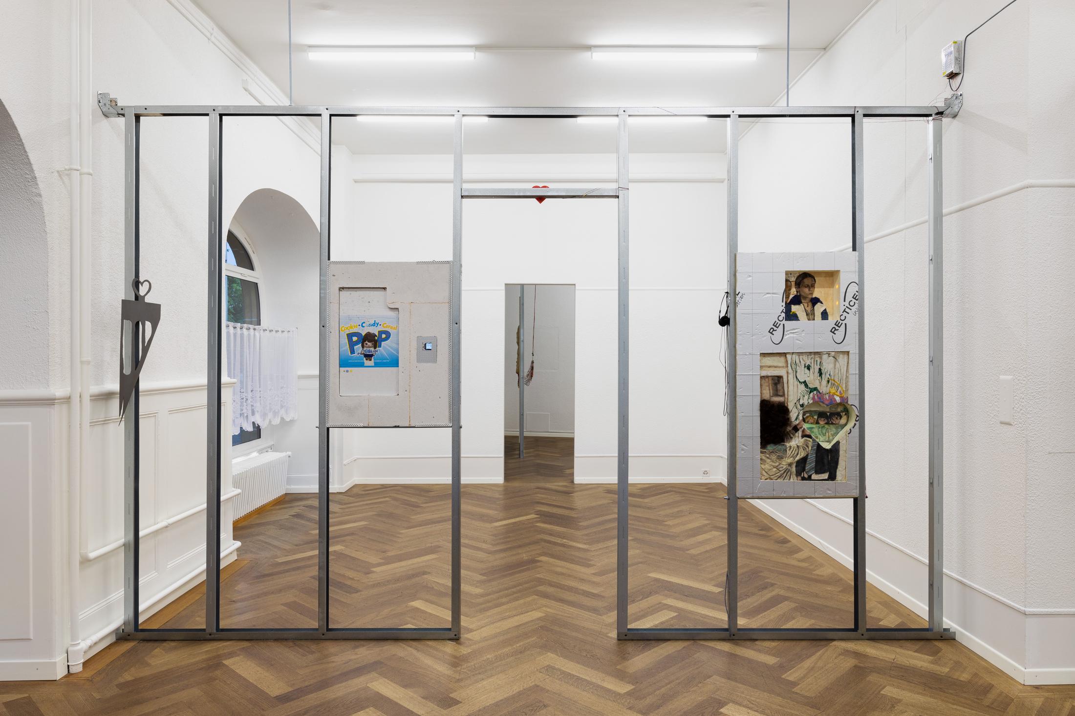 Exhibition View Solo Show Mona Filleul «PARTY MIX feat. Thilda Bourqui, Tony Colombe. K, Pauline Coquart, Gaia Vincensini, Xaxalxe» at Krone Couronne, Biel/Bienne, 2024 / Photo: Fabrice Schneider / Courtesy: The artist and Krone Couronne