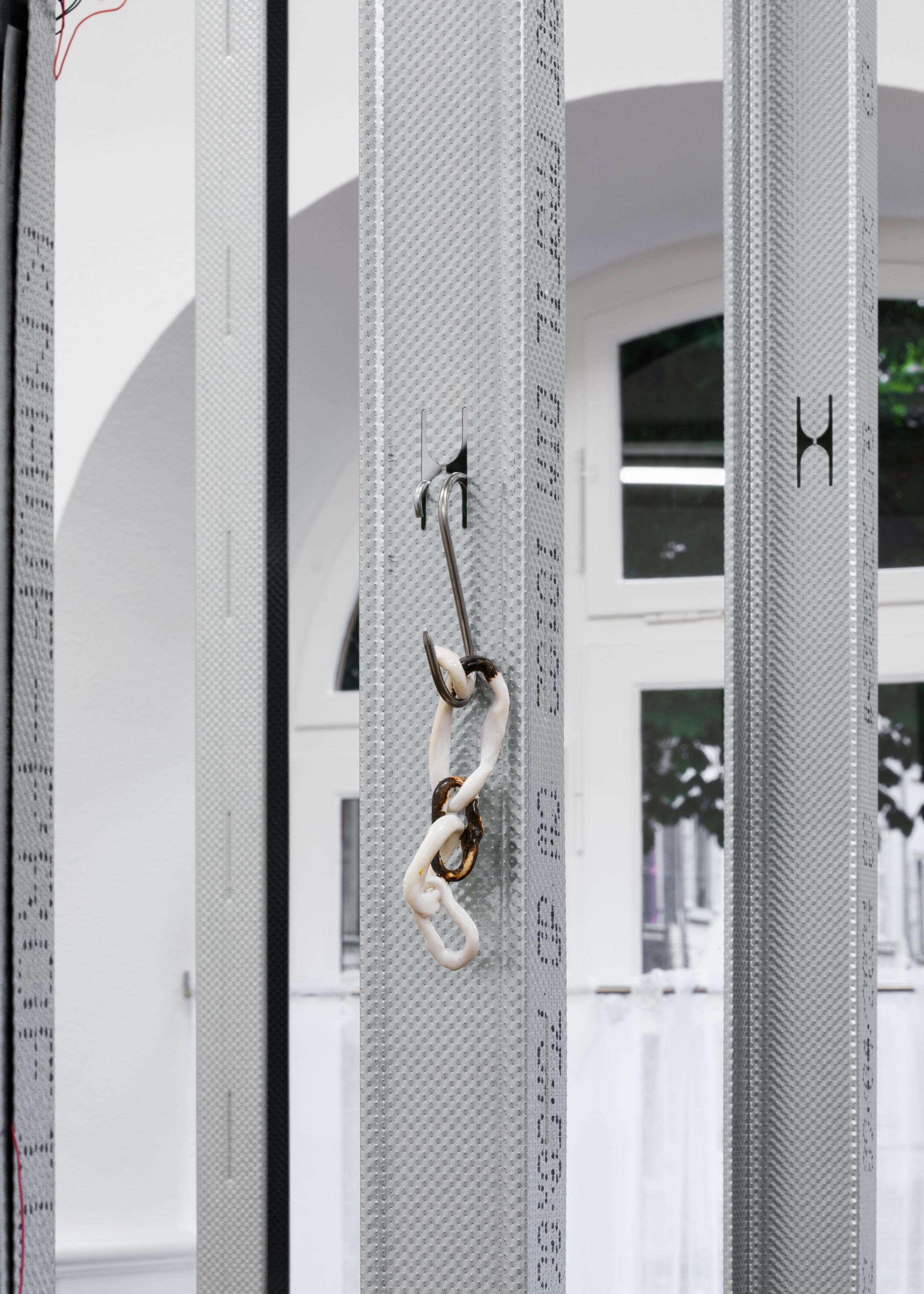 Exhibition View Solo Show Mona Filleul «PARTY MIX feat. Thilda Bourqui, Tony Colombe. K, Pauline Coquart, Gaia Vincensini, Xaxalxe; view on Tony Colombe. K, Remains of last night with all of you was soft, 2024» at Krone Couronne, Biel/Bienne, 2024 / Photo: Fabrice Schneider / Courtesy: The artist and Krone Couronne