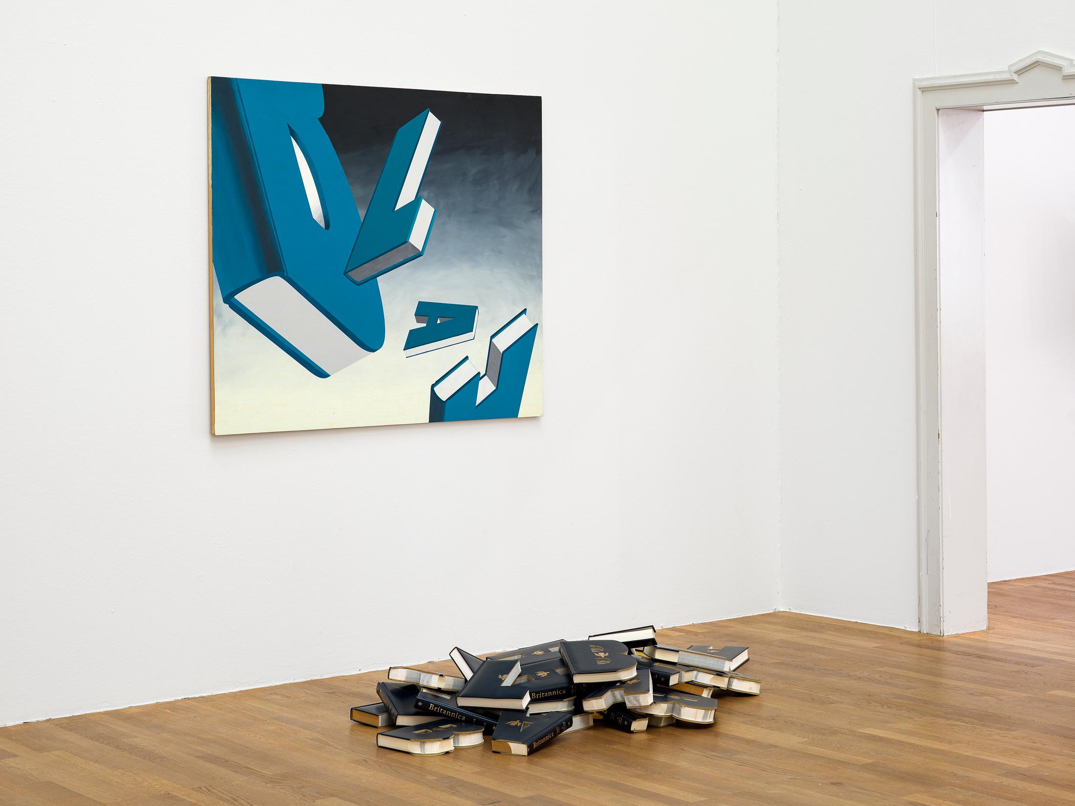 Exhibition View Solo Show Nancy Dwyer «Hot Mess ; view on Blah Blah Blah, 1998, oil on wood, 124.5x 146, and Blah Blah Blah Britannicas, 1998, Full set 12
of custom cut encyclopedias (32 parts), each letter 28x22x4 cm» at Kunsthalle Winterthur, 2024 / Photo: Cedric Mussano / Courtesy: Nnemoca, Burlington, VT, USA and Kunsthalle Winterthur
