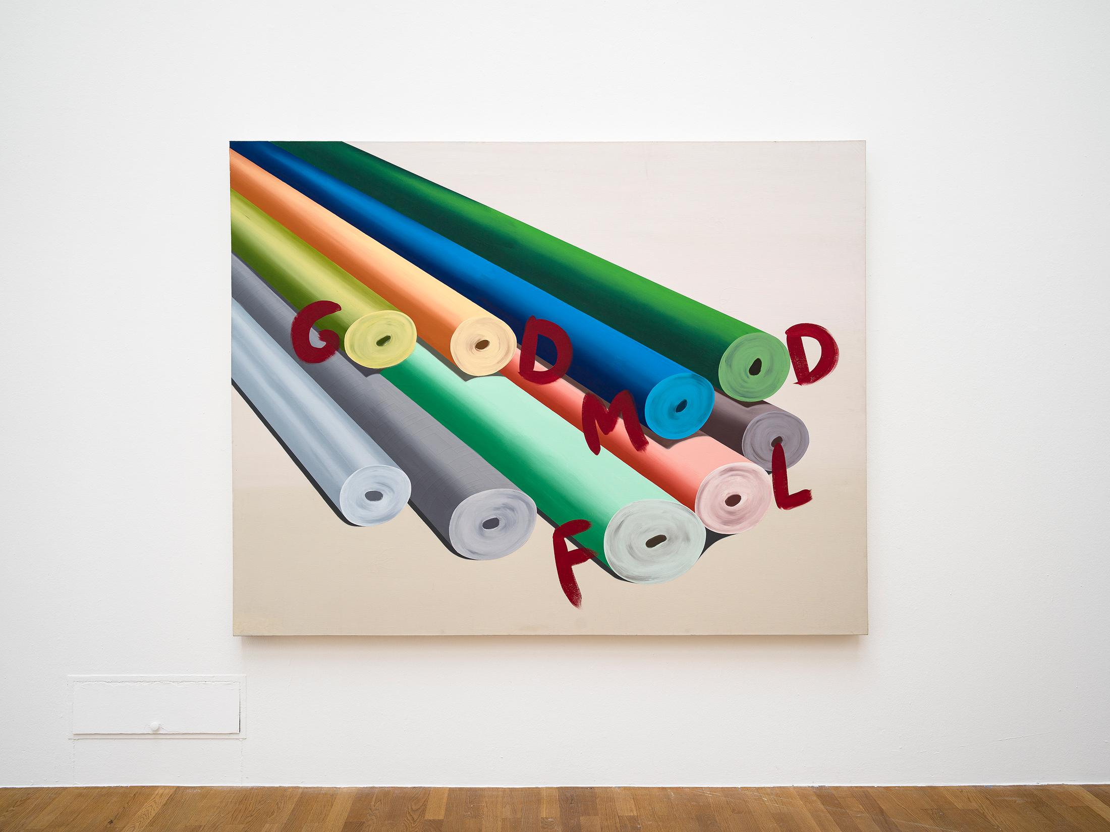 Exhibition View Solo Show Nancy Dwyer «Hot Mess ; view on Good Mood Fool, 1988, Flashe on canvas, 178x228x7.5 cm» at Kunsthalle Winterthur, 2024 / Photo: Cedric Mussano / Courtesy: the artist and Theta, New York