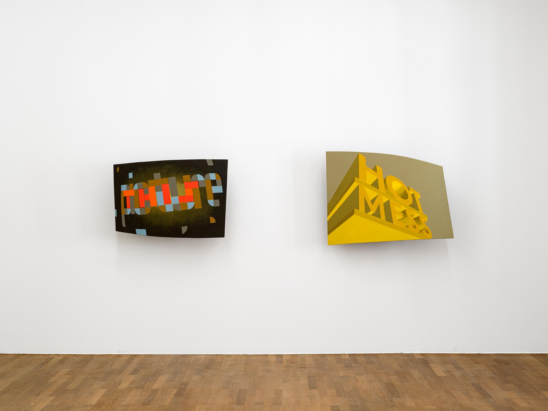Exhibition View Solo Show Nancy Dwyer «Hot Mess ; view on Picture This, 2024, oil on wood panel, 114x86x8 cm and Hot Mess, 2024, acrylic and Flashe on wood panel, 113x78x8 cm» at Kunsthalle Winterthur, 2024 / Photo: Cedric Mussano / Courtesy: the artist and Theta, New York