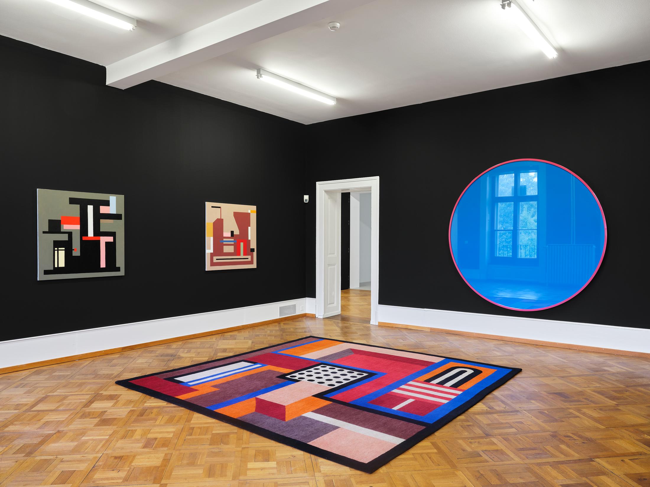 Exhibition View Duo Show Nathalie Du Pasquier and Olivier Mosset «1+1 = 3» at Kunsthaus Biel / Centre d'Art Bienne, Biel/Bienne, 2024 / Photo: Thomas Annaheim Lambert / Courtesy: the artists and Kunsthaus Biel