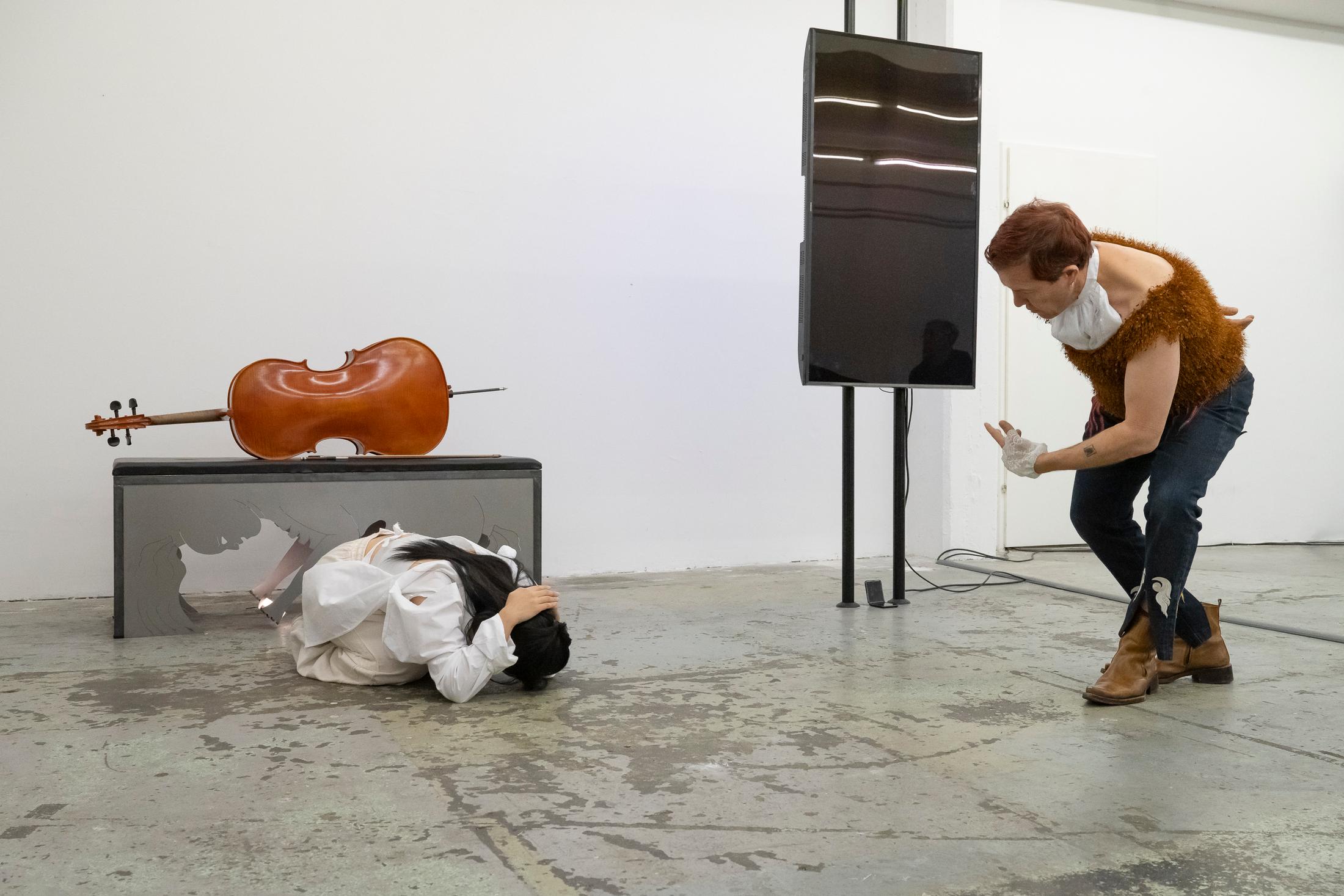 Exhibition View Nicola Genovese Solo Show «Desireless; view on Performance by Nicola Genovese with They Die, Dustin Kenel, Patricia Meier, Daeun Park, Maria Sabato, Thembeka Sincuba» at Toxi, Zurich, 2023 / Photo: Sebastian Lendenmann / Courtesy: the artist and Toxi