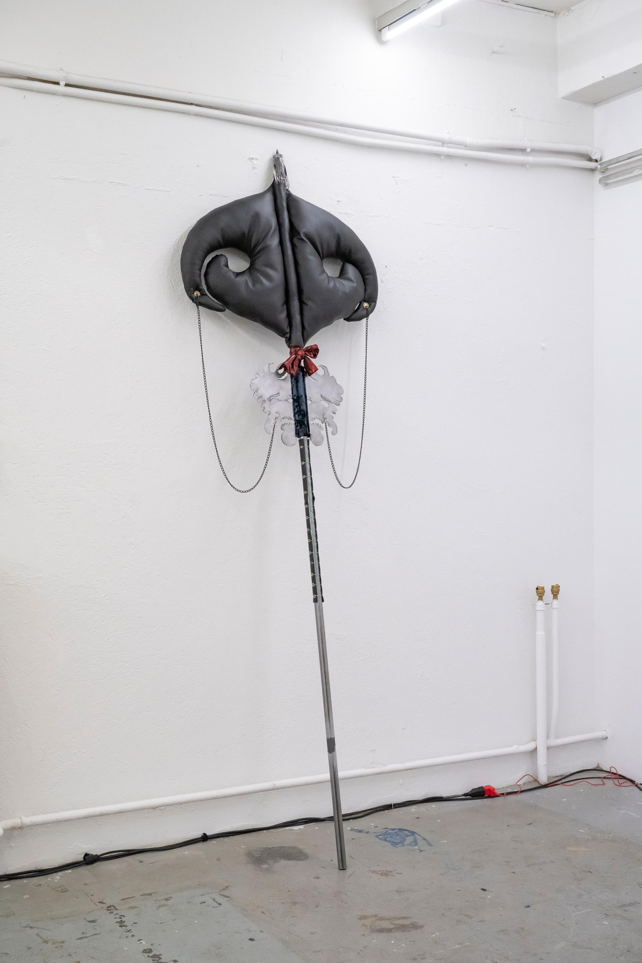 Exhibition View Nicola Genovese Solo Show «Desireless; view on Nicola Genovese, Butterflies, 2023, metal, fake leather, leather, fabric» at Toxi, Zurich, 2023 / Photo: Sebastian Lendenmann / Courtesy: the artist and Toxi