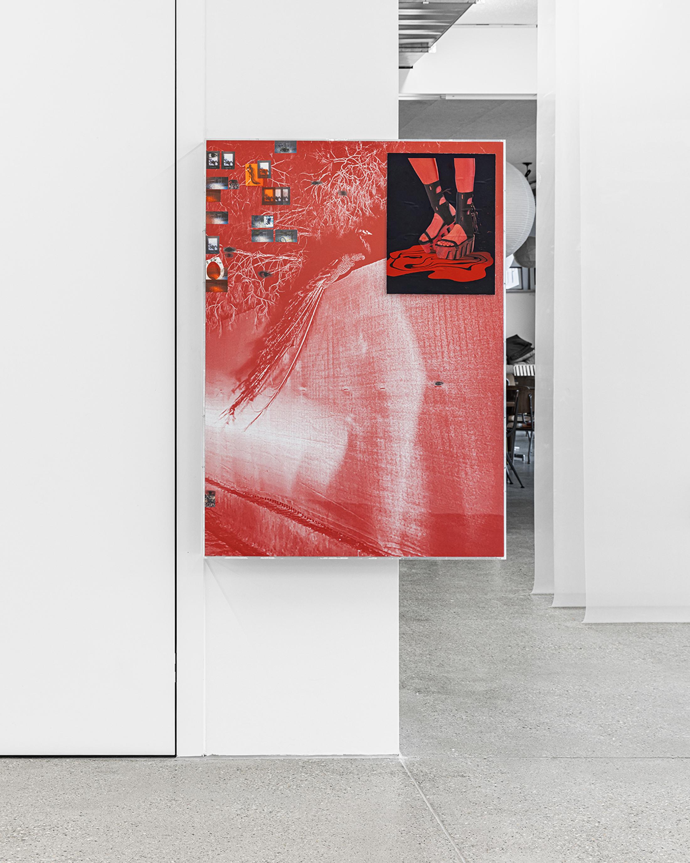 Exhibition View Solo Show Niels Trannois «Version Cue ; view on The late bird show (the great escape), 2024, oil on canvas on Plexiglas, print on fabric, paper, gelatin, 121x87x10 cm» at CALM – Centre d’Art La Meute, Lausanne, Switzerland, 2025 / Photo: Théo Dufloo / Courtesy of the artist
