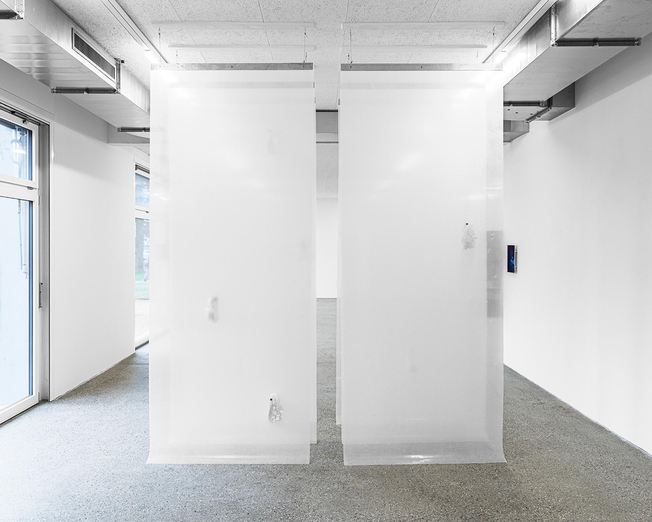 Exhibition View Solo Show Niels Trannois «Version Cue ; view on I will give you a name... (dyslexie à escient), 2025, silicone, cables, thermoformed PET, feathers, adhesive prints, silicone, glue, 300x260x90 cm» at CALM – Centre d’Art La Meute, Lausanne, Switzerland, 2025 / Photo: Théo Dufloo / Courtesy of the artist