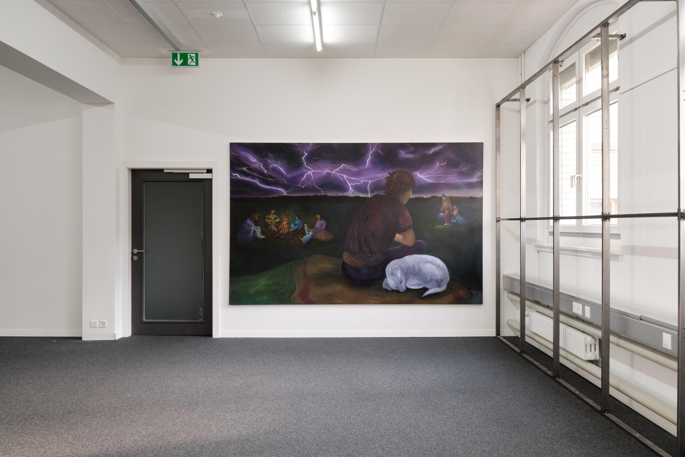 Exhibition View Noemi Pfister Solo Show «Fixing the shoes with glue, so many times; view on Noemi Pfister, Guerra e Pace (after M.0.), 2023, oil on canvas, 195 x 306 cm» at unanimous consent, Zurich, 2023 / Photo: Philip Ullrich / Courtesy: the artist and unanimous consent