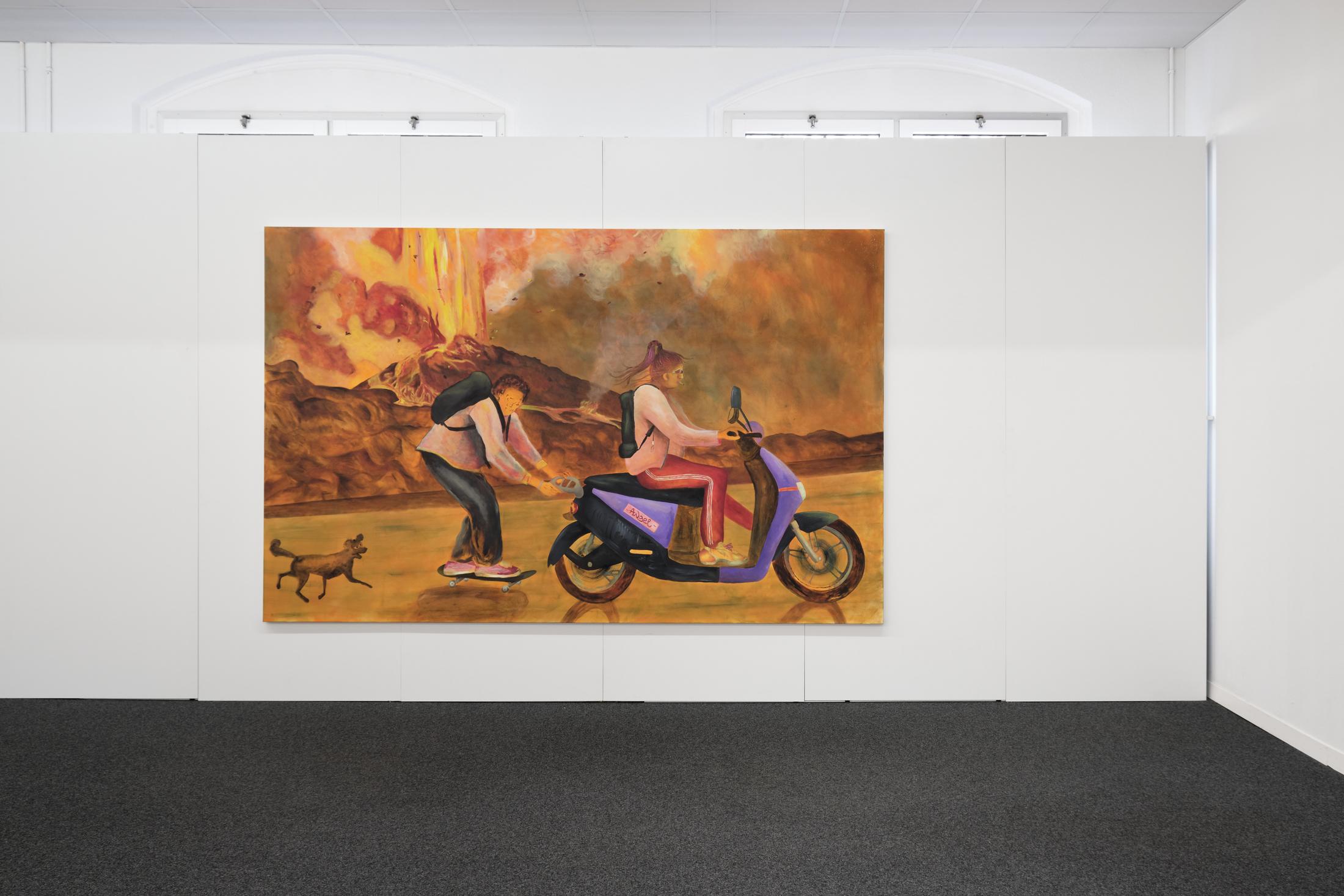Exhibition View Noemi Pfister Solo Show «Fixing the shoes with glue, so many times; view on Noemi Pfister, Crushing Sky, 2023, oil on canvas, 195 x 306 cm» at unanimous consent, Zurich, 2023 / Photo: Philip Ullrich / Courtesy: the artist and unanimous consent