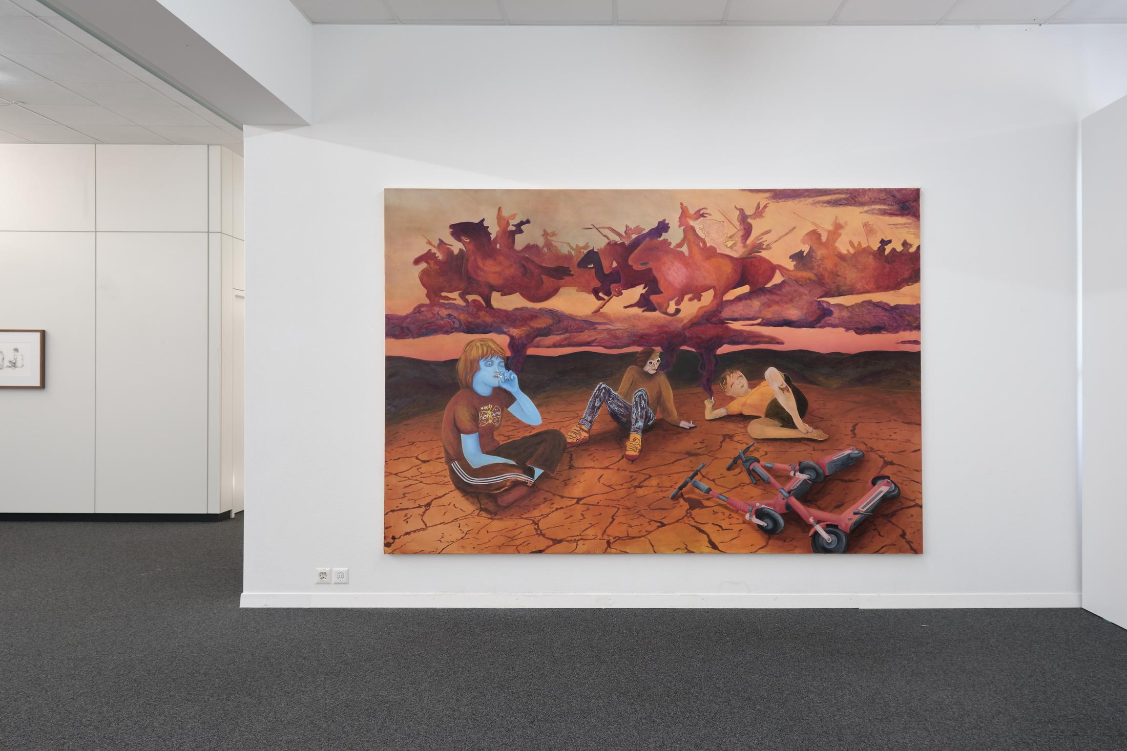 Exhibition View Noemi Pfister Solo Show «Fixing the shoes with glue, so many times; view on Noemi Pfister, Happily Aging & Dying, 2023, oil on canvas, 210 x 310 cm» at unanimous consent, Zurich, 2023 / Photo: Philip Ullrich / Courtesy: the artist and unanimous consent