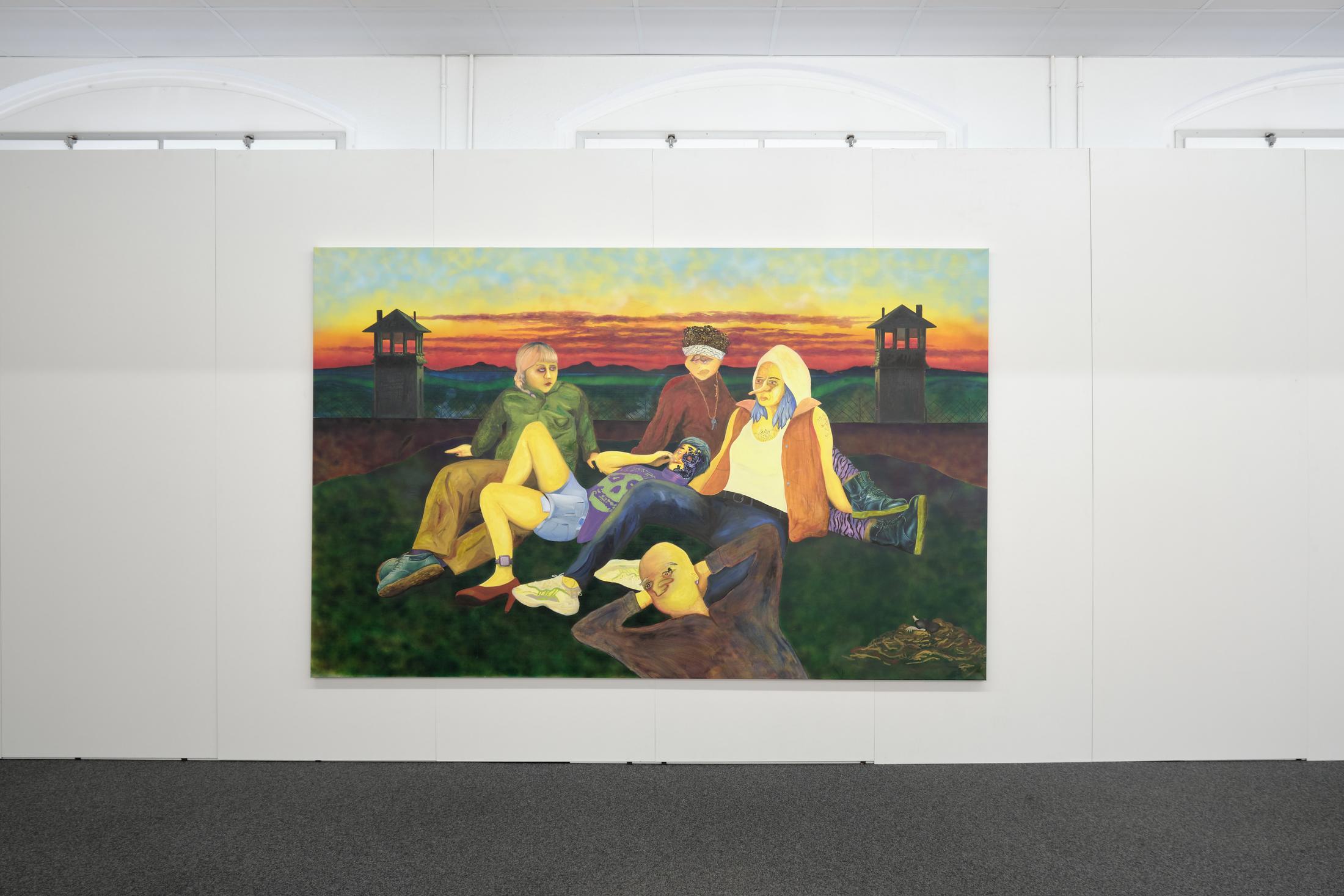 Exhibition View Noemi Pfister Solo Show «Fixing the shoes with glue, so many times; view on Noemi Pfister, Border Sunset, 2023, oil on canvas, 195 x 306 cm» at unanimous consent, Zurich, 2023 / Photo: Philip Ullrich / Courtesy: the artist and unanimous consent