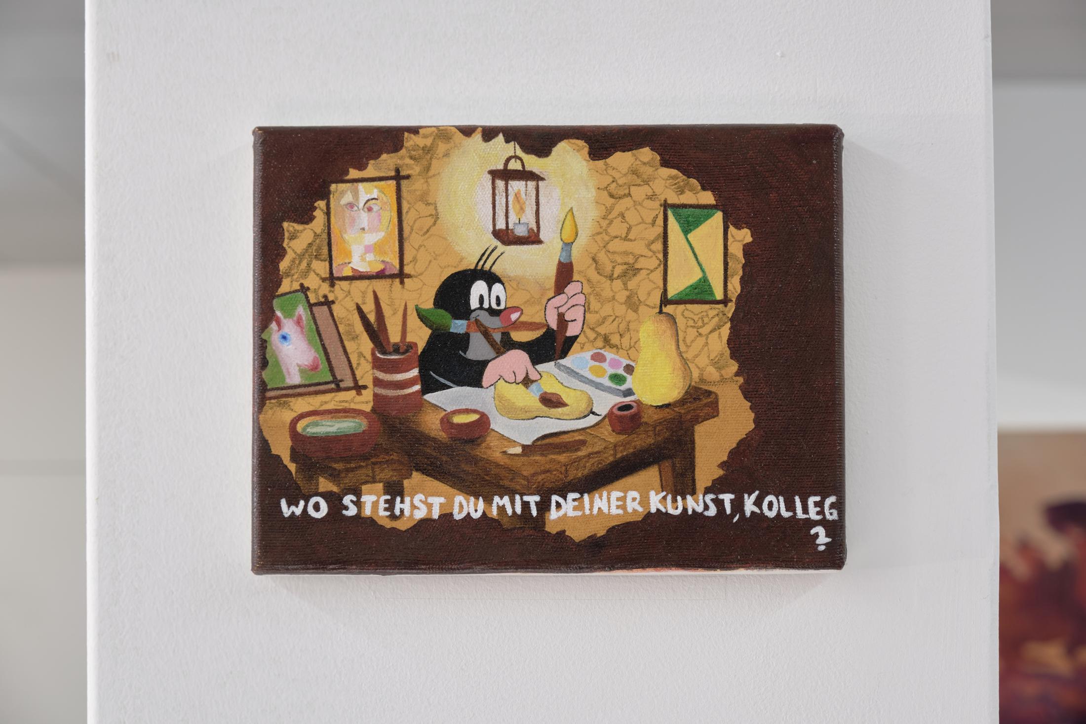 Exhibition View Noemi Pfister Solo Show «Fixing the shoes with glue, so many times; view on Noemi Pfister, Wo stehst du mit deiner Kunst Kolleg*?, 2023, oil on canvas, 18 x 24 cm» at unanimous consent, Zurich, 2023 / Photo: Philip Ullrich / Courtesy: the artist and unanimous consent