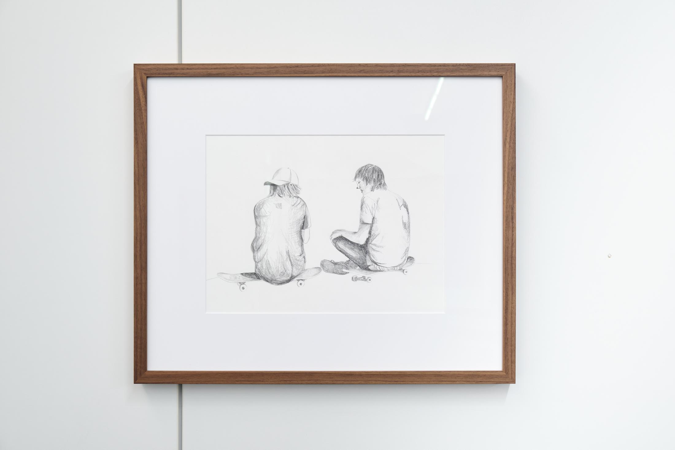 Exhibition View Noemi Pfister Solo Show «Fixing the shoes with glue, so many times; view on Noemi Pfister, On nest pas sérieux, quand on a dix-sept ans, 2023, pencil on paper, 29.7 x 42 cm» at unanimous consent, Zurich, 2023 / Photo: Philip Ullrich / Courtesy: the artist and unanimous consent