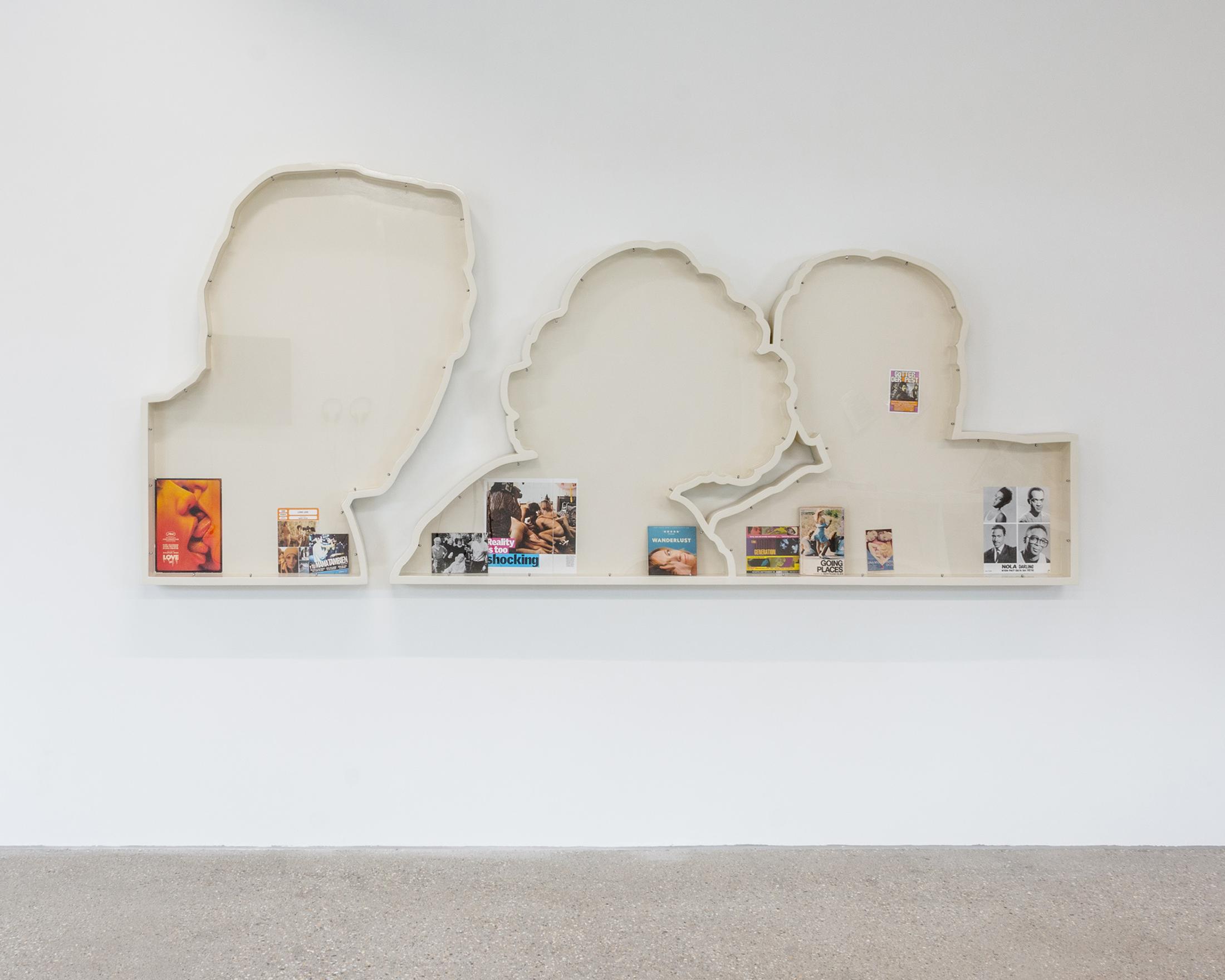 Exhibition View Group Show «Our Labor, Our Passion, Our Love; view on Joan Pallé, Vitrine Design for living, 2022, wood, paper, synthetic paint and Plexiglas, 300x150x8cm» at CALM - Centre d'Art la Meute, Lausanne, 2024 / Photo: Théo Dufloo / Courtesy: The artist and CALM - Centre d'Art La Meute