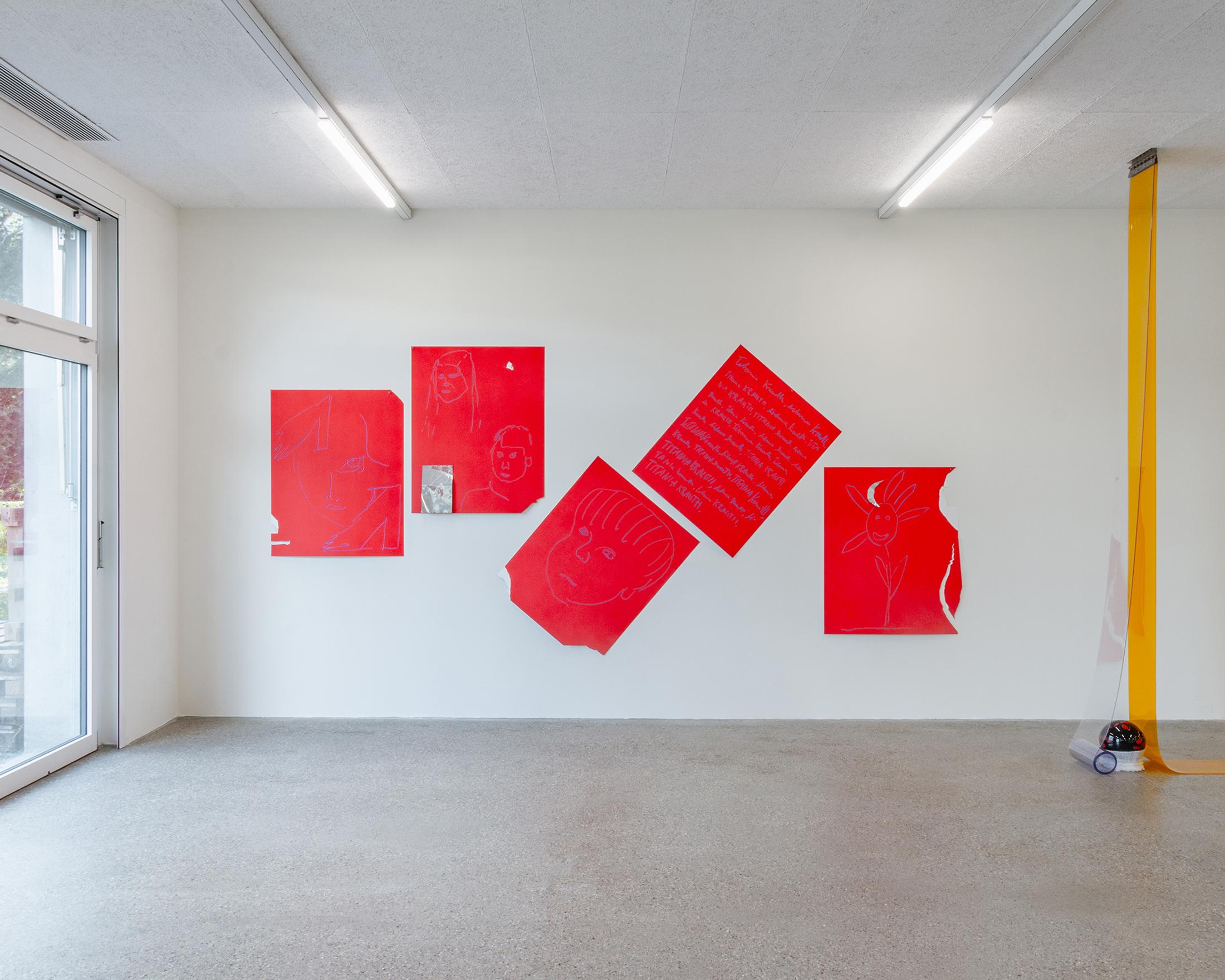 Exhibition View Group Show «Our Labor, Our Passion, Our Love; view on Moritz Krauth, Auntie Mechtild's Red Threat (Some Thoughts She Told me) part 2, detail, 2023, drawing (oil pastel) on board, 101x81 cm (each)» at CALM - Centre d'Art la Meute, Lausanne, 2024 / Photo: Théo Dufloo / Courtesy: The artist and CALM - Centre d'Art La Meute