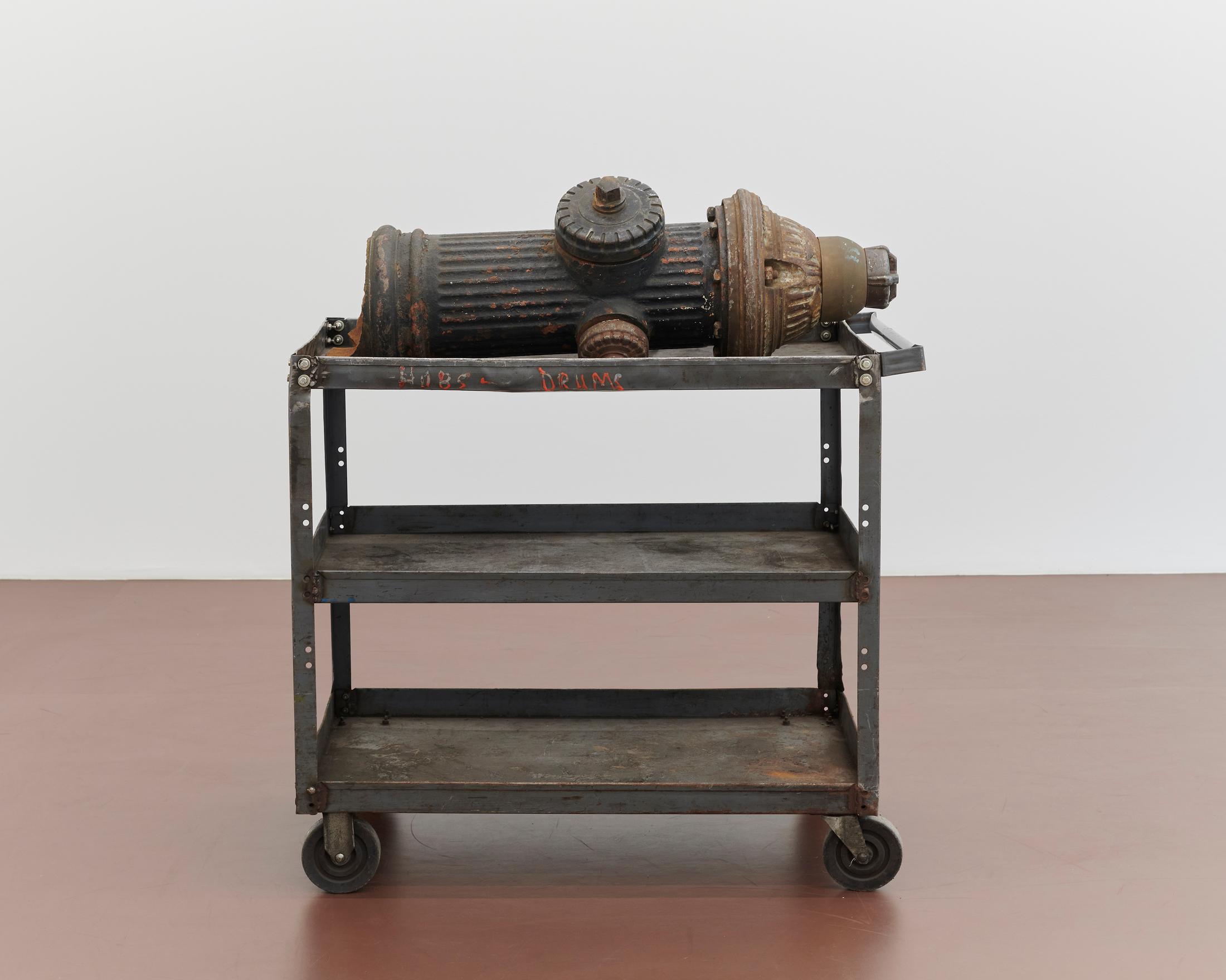 Exhibition View Group Show «Pacita Abad, Tosh Basco and Ser Serpas; view on Ser Serpas, see sick breath now, 2024, fire hydrant, metal trolley, paint» at Karma International, Zurich, 2024 / Photo: Ron Amstutz / Courtesy: the artist and Karma International