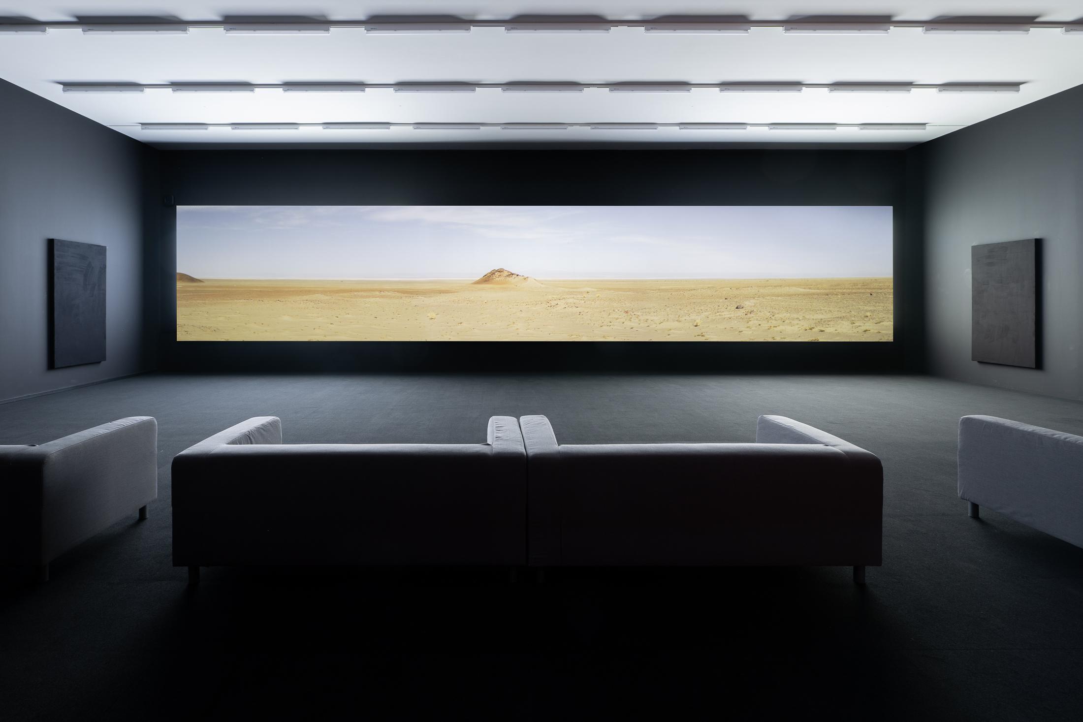 Exhibition View Solo Show Pauline Julier «A Single Universe; view on Pauline Julier and Clément Postec, Follow the Water, 2023, 3-Kanal-Video, 51'» at Aargauer Kunsthaus, Aarau, 2024 / Photo: ullmann.photography / Courtesy: The artist and Aargauer Kunsthaus