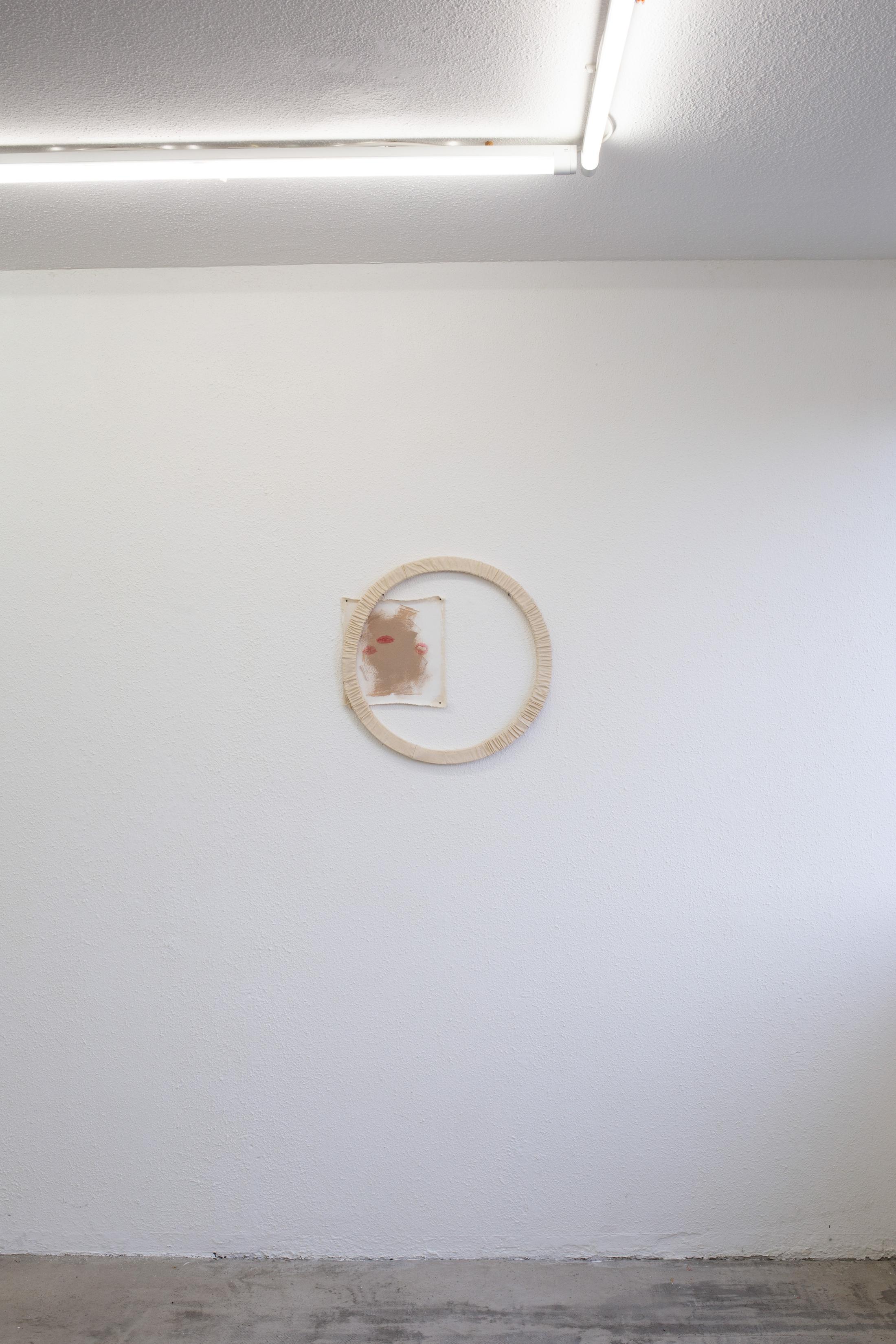 Exhibition View Group Show «Pirouettenschwindel; view on Karolin Braegger, Advice to the young girls, 2024, Lipstick and acrylic on canvas, 27 x 25 cm and  I‘ve come full circle, 2024, cotton, stiffened, 50 x 2 cm» at HAMLET, Zurich, 2024 / Photo: Leevi Toija / Courtesy: the artists and HAMLET