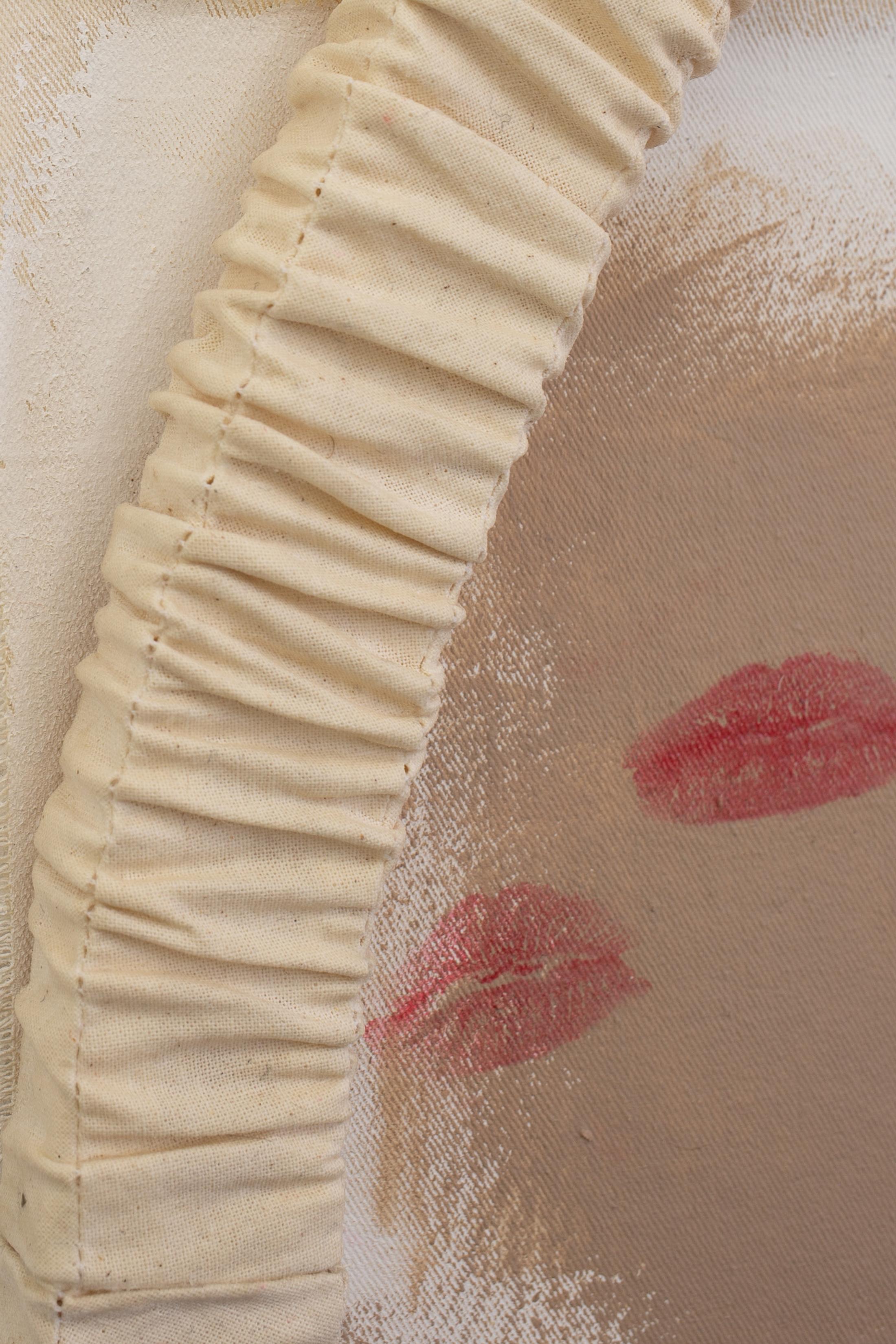 Exhibition View Group Show «Pirouettenschwindel; view on Karolin Braegger, Advice to the young girls, 2024, Lipstick and acrylic on canvas, 27 x 25 cm and  I‘ve come full circle, 2024, cotton, stiffened, 50 x 2 cm» at HAMLET, Zurich, 2024 / Photo: Leevi Toija / Courtesy: the artist and HAMLET