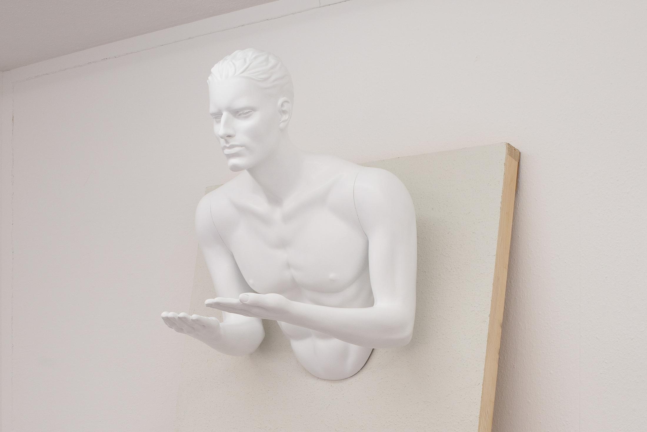 Exhibition View Group Show «Pirouettenschwindel; view on Karolin Braegger, Bringt nix, 2024, Acrylic on mannequin and board, Dimensions variable» at HAMLET, Zurich, 2024 / Photo: Leevi Toija / Courtesy: the artist and HAMLET