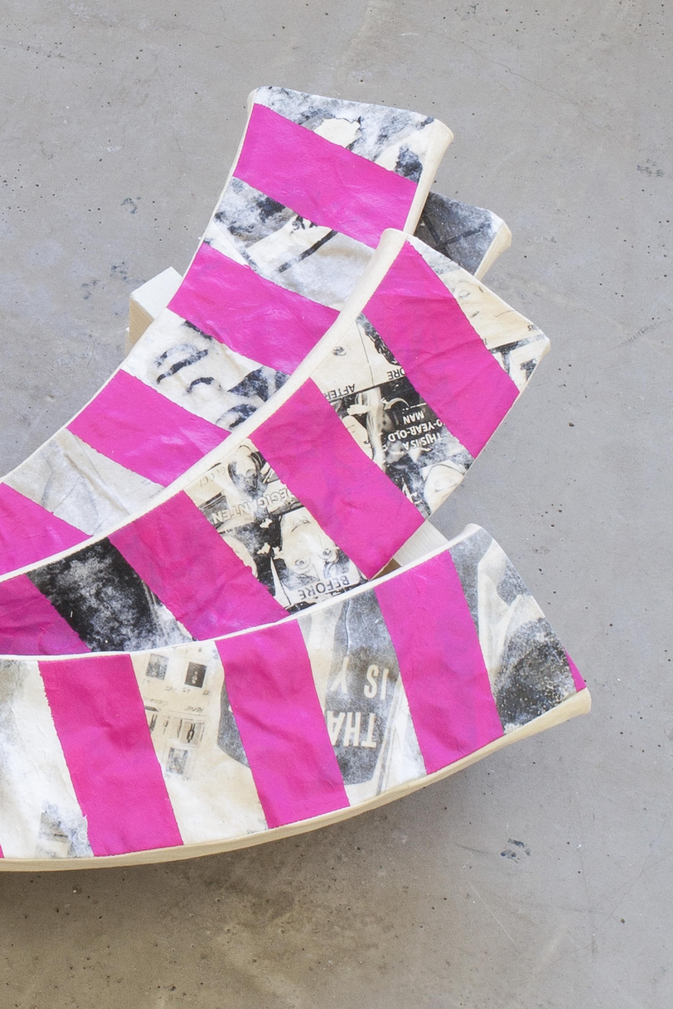 Exhibition View Group Show «Pirouettenschwindel; view on Karolin Braegger, Commercial suicide (Detail), 2024, Print and acrylic on cotton, stiffened, 70 x 35 x 25 cm» at HAMLET, Zurich, 2024 / Photo: Leevi Toija / Courtesy: the artist and HAMLET