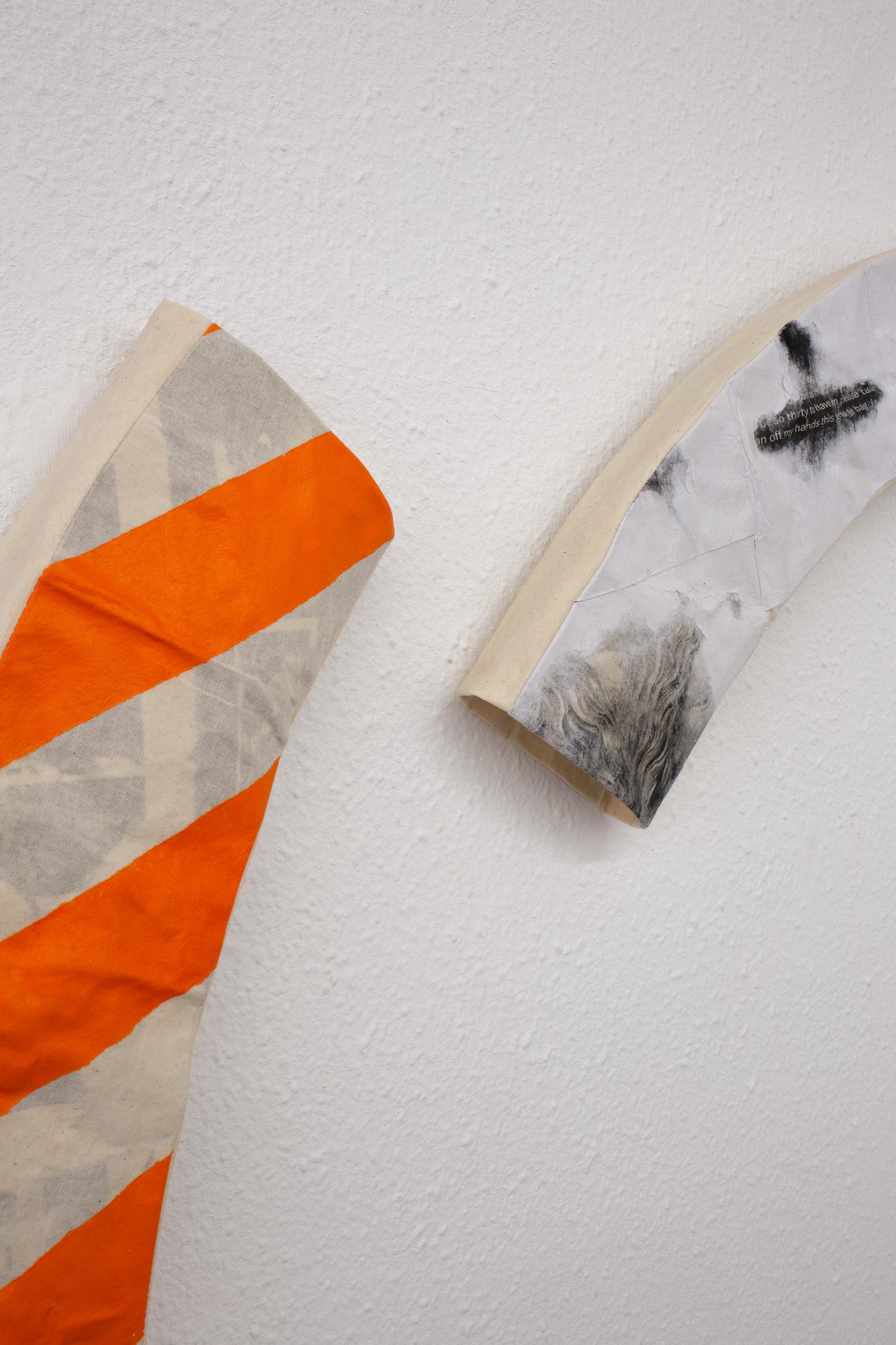 Exhibition View Group Show «Pirouettenschwindel; view on Karolin Braegger, I’ve turned 31 (Detail), 2024, Print and acrylic on cotton, stiffened, 140 x 100 x 3.5 cm» at HAMLET, Zurich, 2024 / Photo: Leevi Toija / Courtesy: the artist and HAMLET