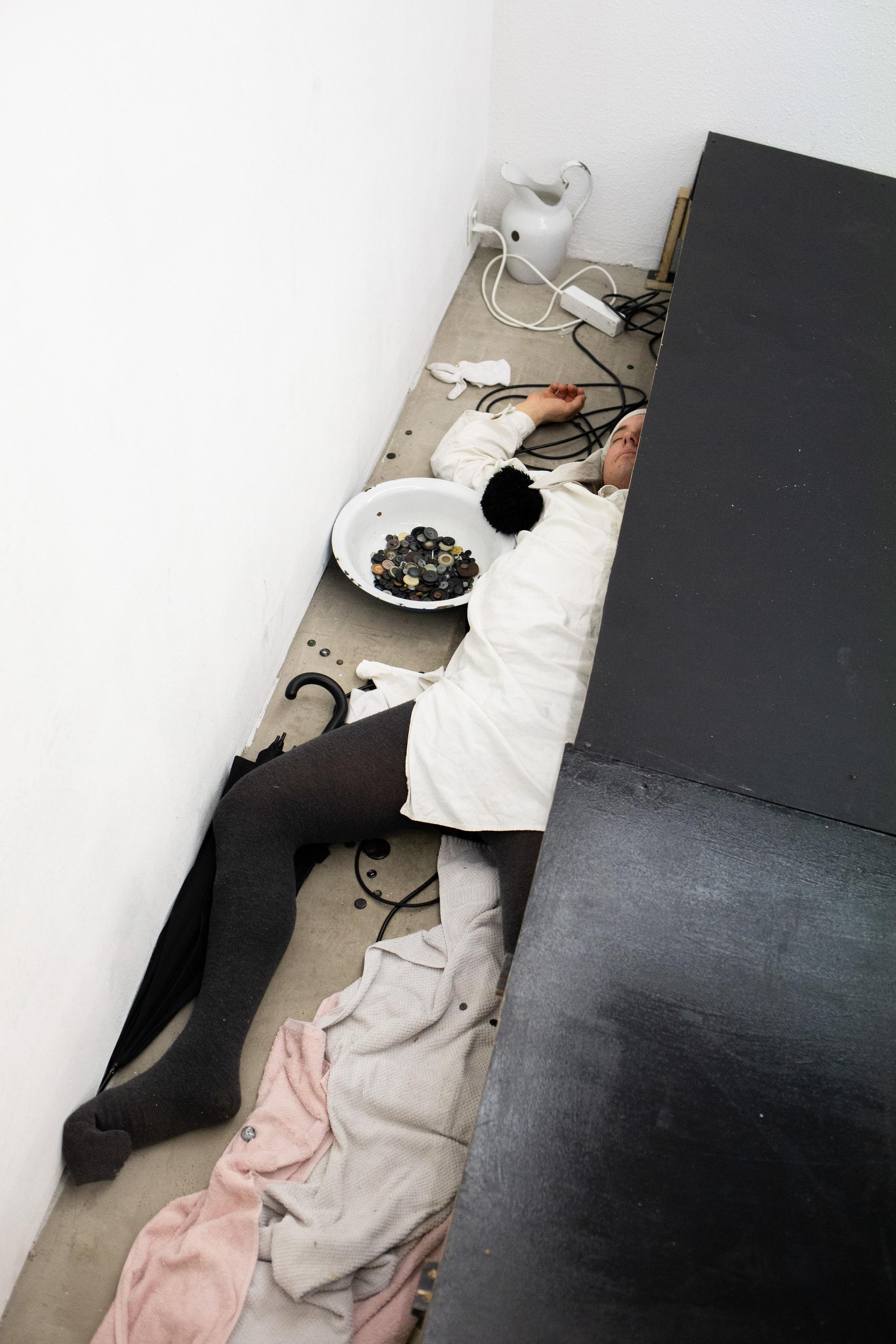 Exhibition View Group Show «Pirouettenschwindel; view on Skjold Rambow, Trapdoor, 2024, Performance and Installation» at HAMLET, Zurich, 2024 / Photo: Leevi Toija / Courtesy: the artist and HAMLET