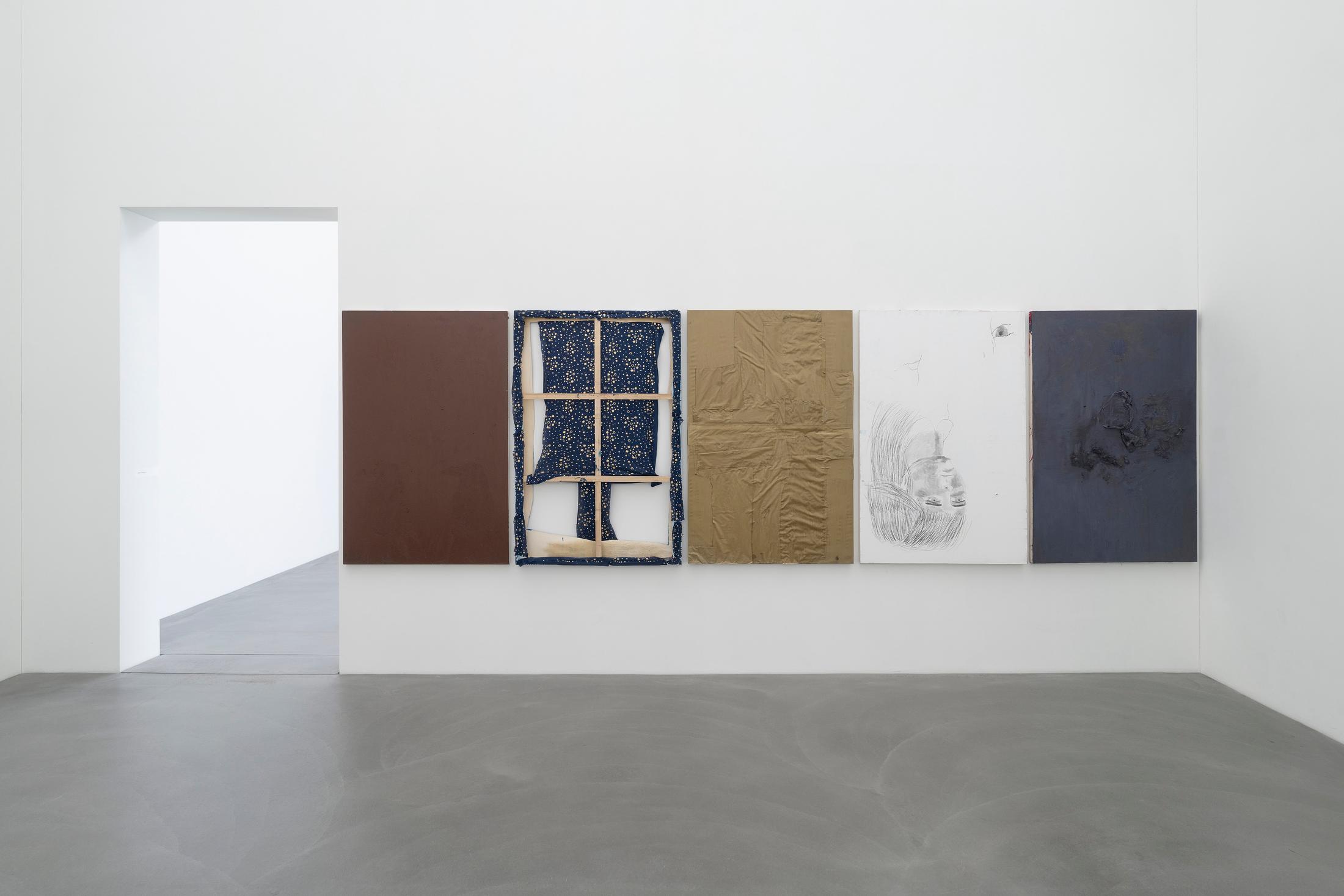 Exhibition View Group Show «Plattform24; view on Anastasia Pavlou, The Reader Interrogates Narrative, but Poetry Interrogates the Reader (1-5), 2022-2024, Oil, water, found fabric, hair, charcoal, gesso on canvas, 150 x 515 cm» at Kunstmuseum Kunsthalle Appenzell, Appenzell, 2024 / Photo: Claude Barrault / Courtesy: The artists and Kunstmuseum Kunsthalle Appenzell