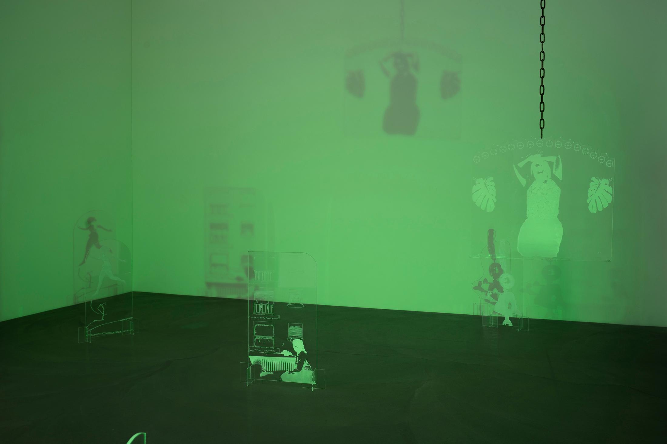 Exhibition View Group Show «Plattform24; view on Gemma Ushengewe, Désir d’opacité, 2024, Engraved plexiglass, light spots
5 parts of 100 x 60 x 0.5 cm» at Kunstmuseum Kunsthalle Appenzell, Appenzell, 2024 / Photo: Claude Barrault / Courtesy: The artists and Kunstmuseum Kunsthalle Appenzell