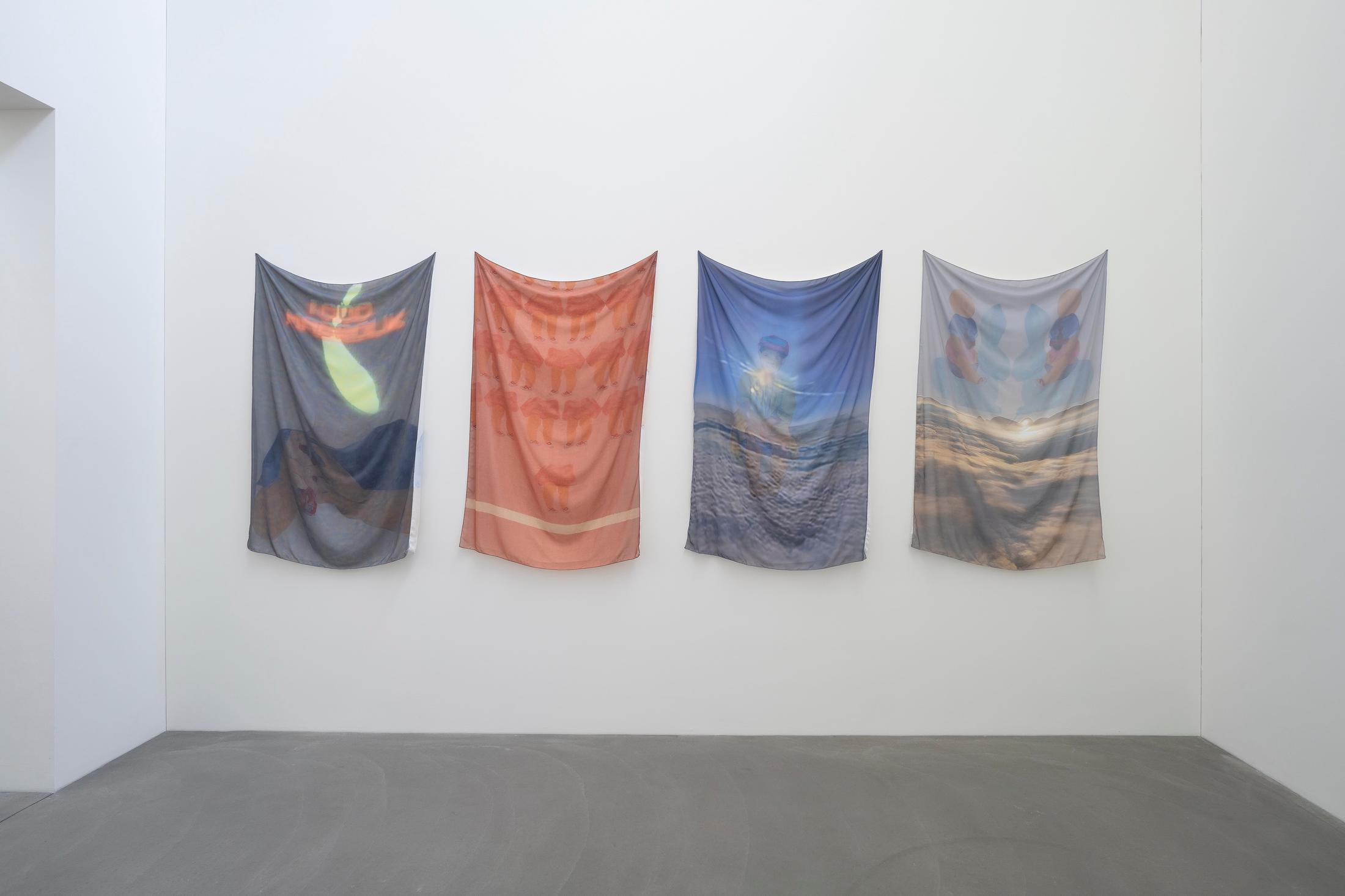 Exhibition View Group Show «Plattform24; view on Mohamed Al-Bakeri, Pursuing Opacity: The Return of the Pink Balloon, 2024, Satin, chiffon, Each 145 x 100 cm» at Kunstmuseum Kunsthalle Appenzell, Appenzell, 2024 / Photo: Claude Barrault / Courtesy: The artists and Kunstmuseum Kunsthalle Appenzell