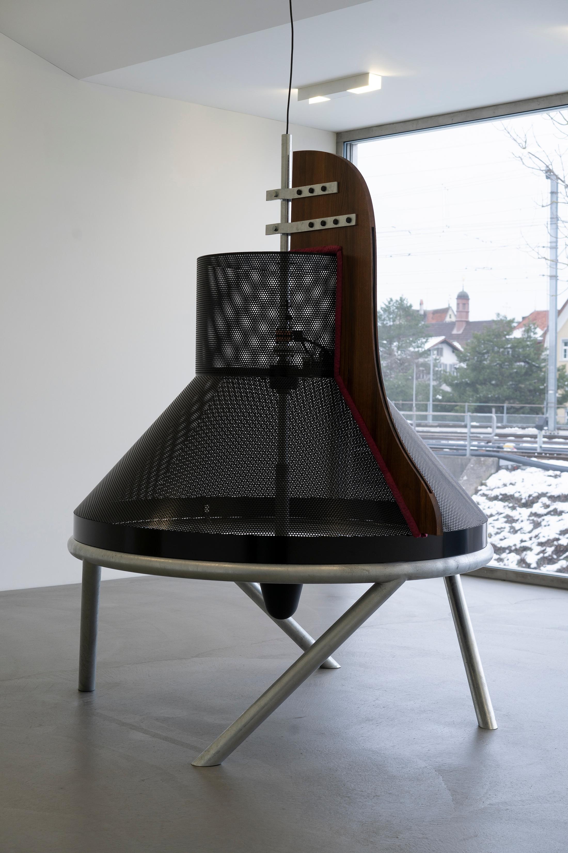 Exhibition View Group Show «Plattform24; view on Shahed Javanbakhsh, pulsators, 2024, Wood, steel, galvanized steel, glass, duster, stepper motor, polyactide, carbon, jammer, Variable dimensions» at Kunstmuseum Kunsthalle Appenzell, Appenzell, 2024 / Photo: Claude Barrault / Courtesy: The artists and Kunstmuseum Kunsthalle Appenzell