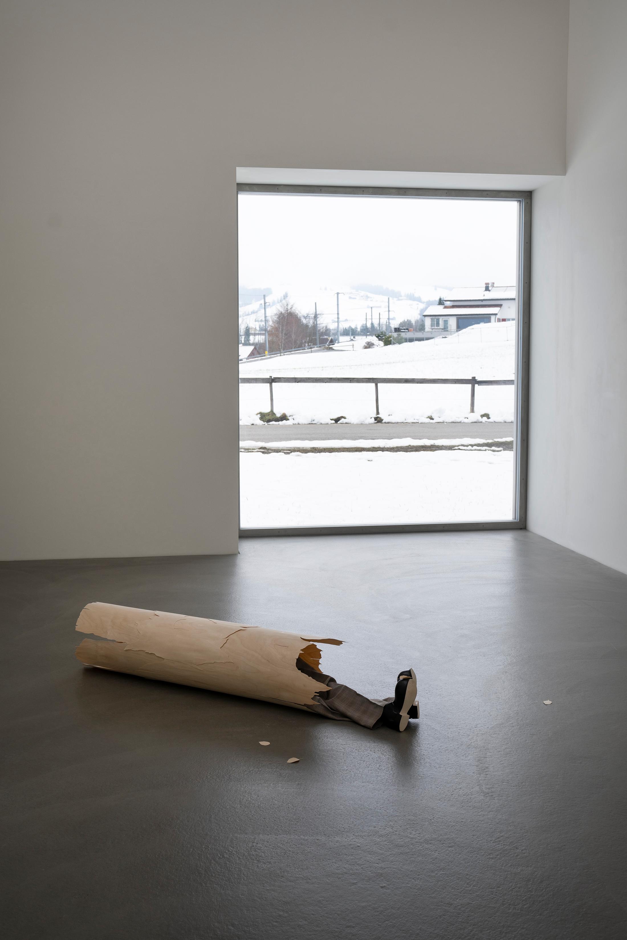 Exhibition View Group Show «Plattform24; view on Simon Pellegrini, Healthy trees grow best near unhappy lovers, 2024, Wood, birch veneer, fabric, paint, audio recording, 158 x 30 x 30 cm» at Kunstmuseum Kunsthalle Appenzell, Appenzell, 2024 / Photo: Claude Barrault / Courtesy: The artists and Kunstmuseum Kunsthalle Appenzell