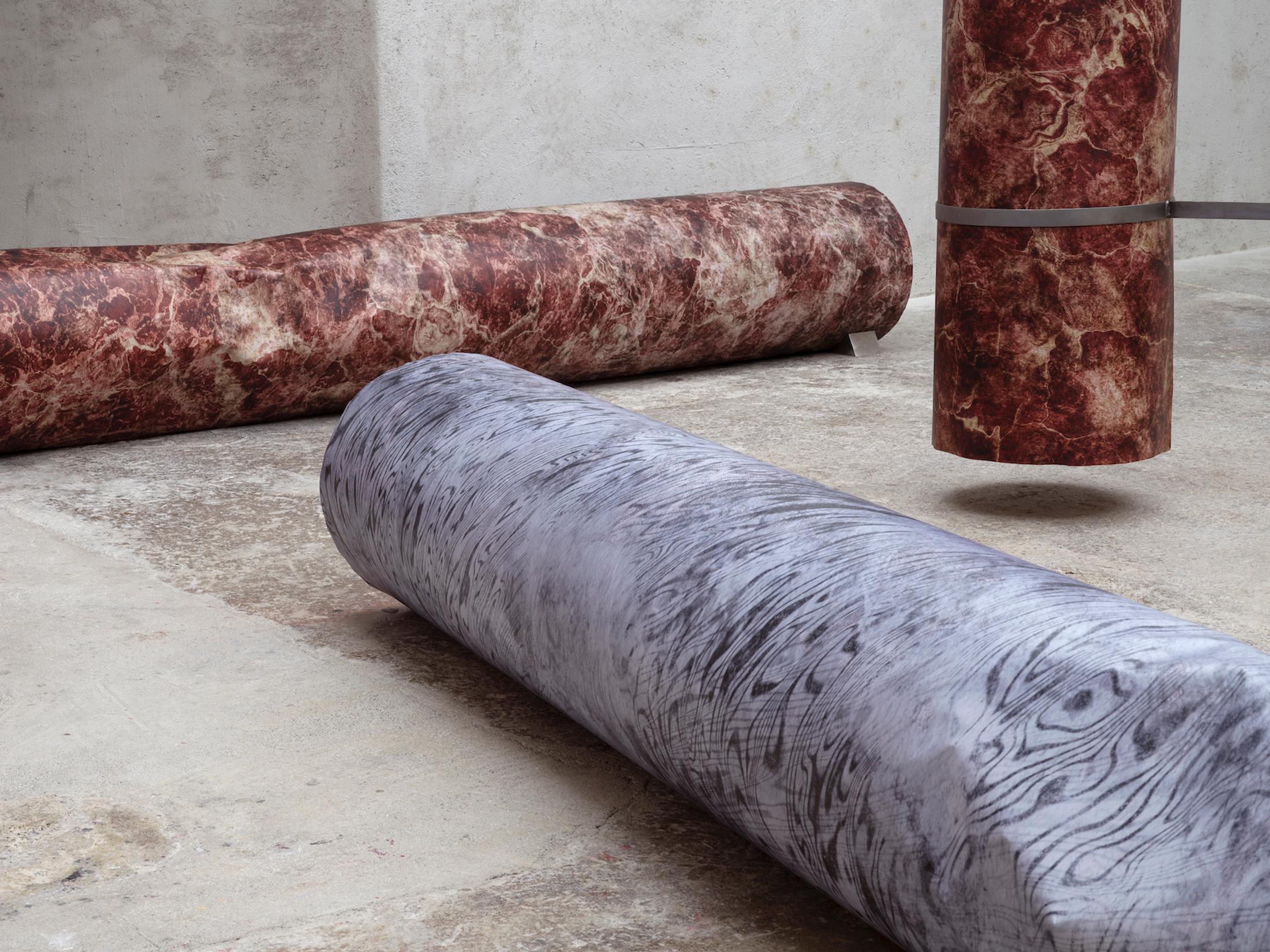 Exhibition View Ceylan Öztrük Solo Show «Pink Tabula Rasa; view on Ceylan Öztrük, Phantasm Manifesto: Column I, II and III (Detail), 2023» at Cabaret Voltaire, Zurich, 2023-2024 / Photo: Cedric Mussano / Courtesy: the artist and Cabaret Voltaire