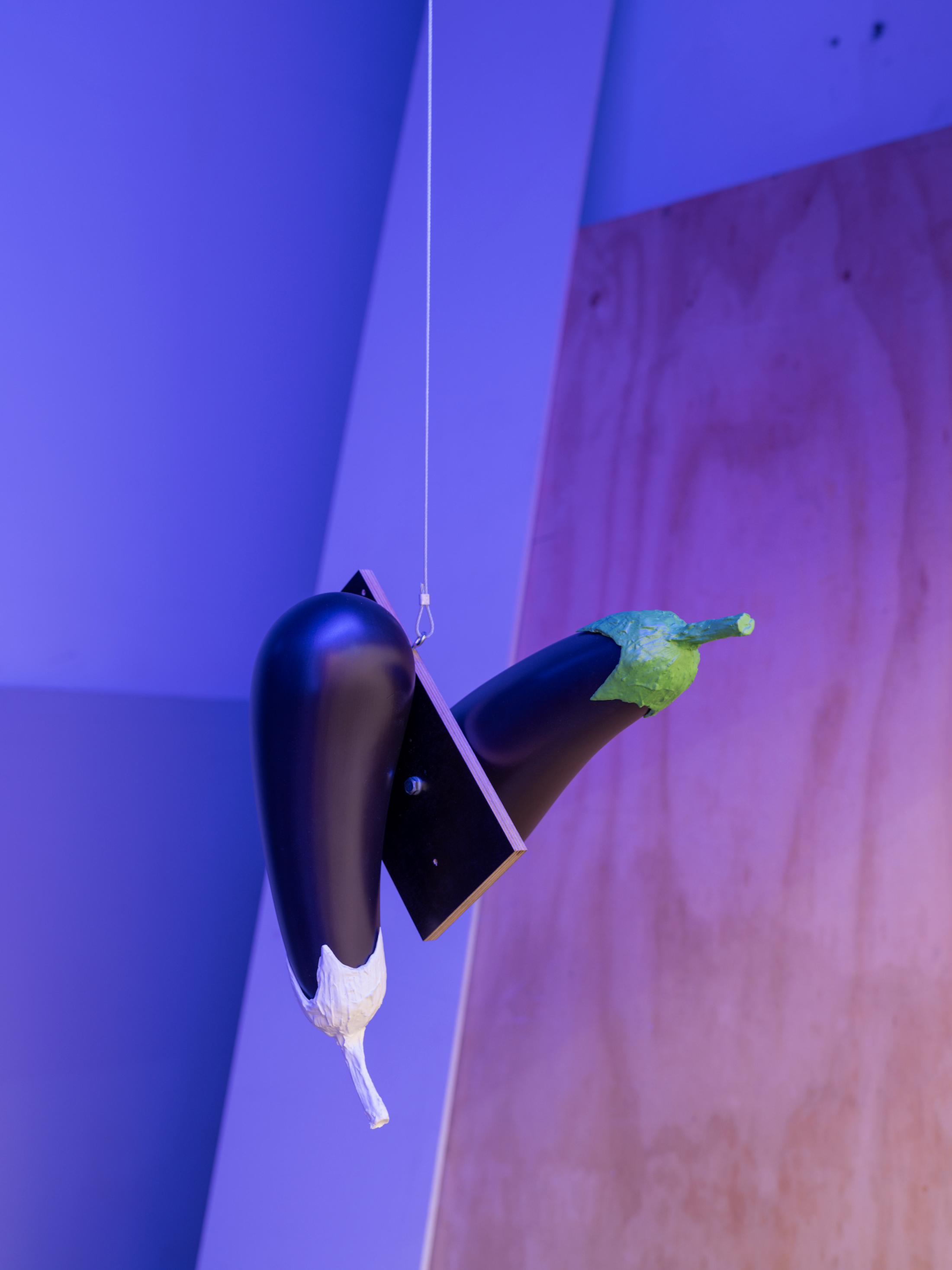 Exhibition View Group Show «QUAE EST IN NATURA ; view on Alfredo Aceto, Hanging Eggplants, 2024, polyurethane hard foam, casted resin, acrylic paint, plywood, screws, steel cable, 40 x 30 x 25 cm» at Galerie lange + pult, Zürich, 2024 / Photo: Felix Jungo / Courtesy: the artists and Galerie lange + pult