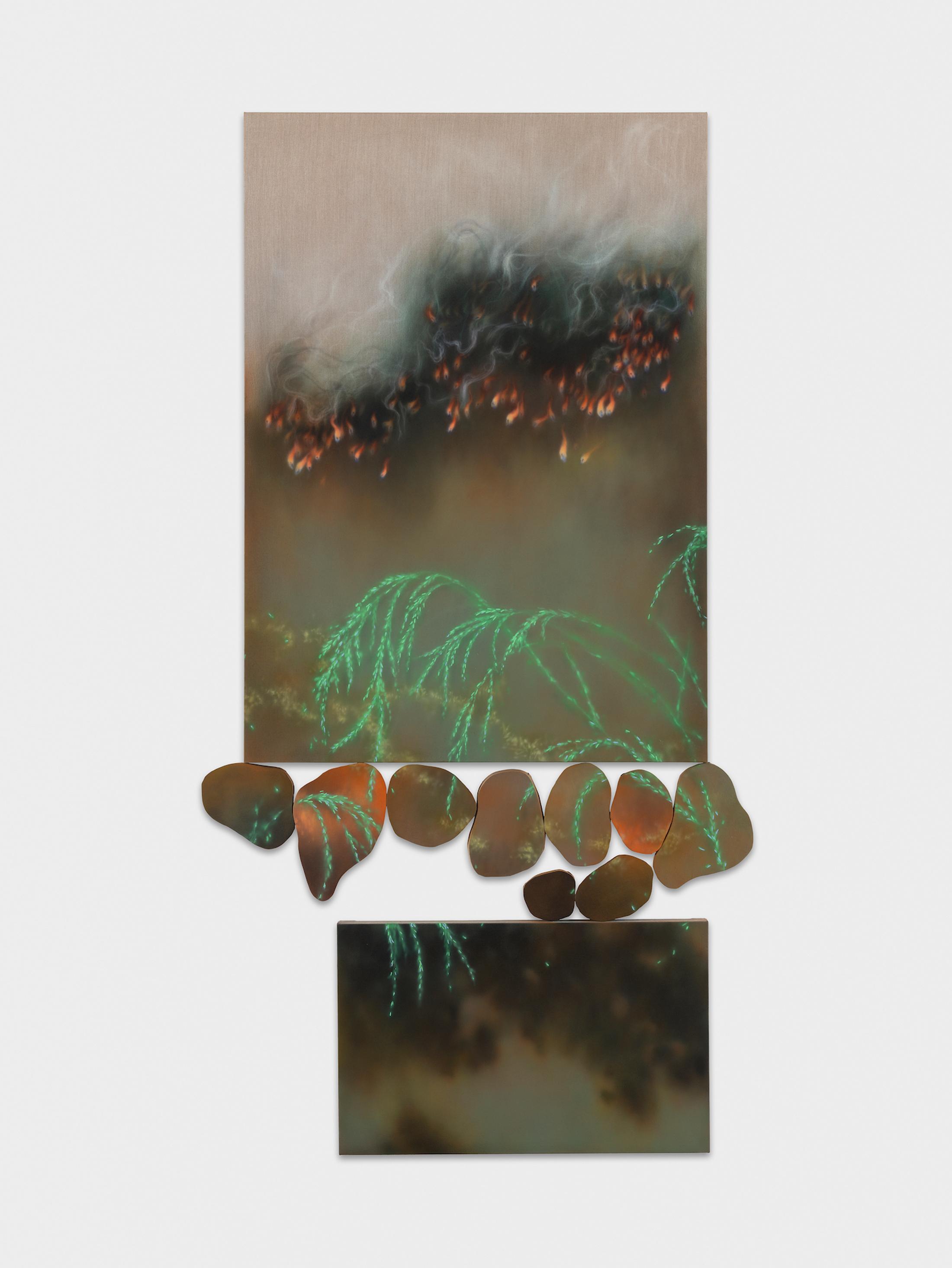 Exhibition View Group Show «QUAE EST IN NATURA ; view on Natacha Donzé, Grindstone II, 2024, acrylic on canvas, 224.5 x 119 cm» at Galerie lange + pult, Zürich, 2024 / Photo: Felix Jungo / Courtesy: the artists and Galerie lange + pult