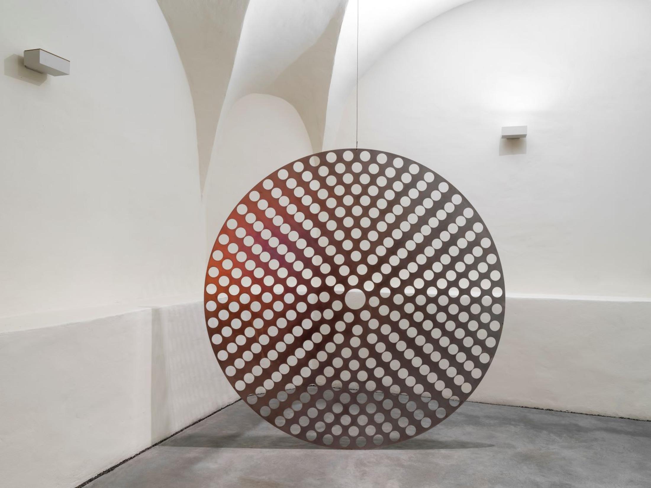 Exhibition View Solo Show Raphael Stucky «Troposonic; view on Siren Disc, Perforated Steel Disk, 2024» at Musée d’art du Valais / Kunstmuseum Wallis, Sion, 2025 / Photo: Olivier Lovey / Courtesy: the artist and Musées cantonaux du Valais