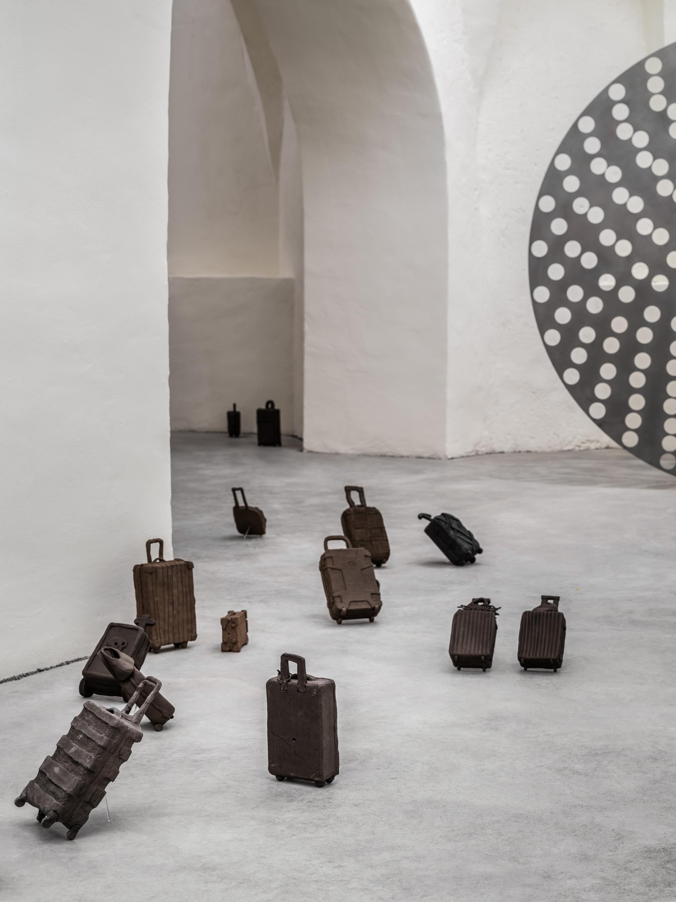 Exhibition View Solo Show Raphael Stucky «Troposonic; view on Anti-Volumen, Clay sculptures, 2024 & Siren Disc, Perforated Steel Disk, 2024» at Musée d’art du Valais / Kunstmuseum Wallis, Sion, 2025 / Photo: Olivier Lovey / Courtesy: the artist and Musées cantonaux du Valais