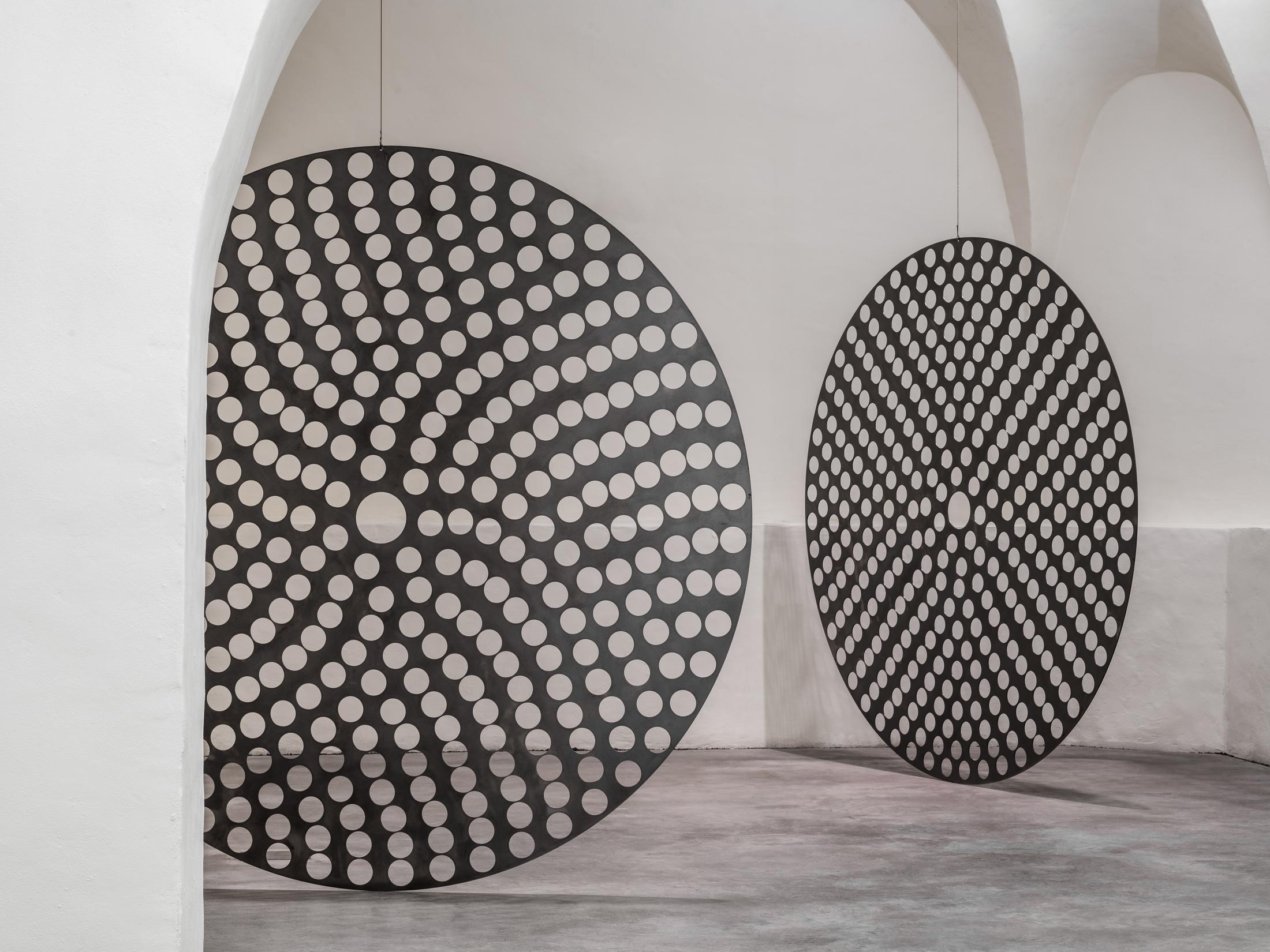 Exhibition View Solo Show Raphael Stucky «Troposonic; view on Siren Disc, Perforated Steel Disk, 2024» at Musée d’art du Valais / Kunstmuseum Wallis, Sion, 2025 / Photo: Olivier Lovey / Courtesy: the artist and Musées cantonaux du Valais