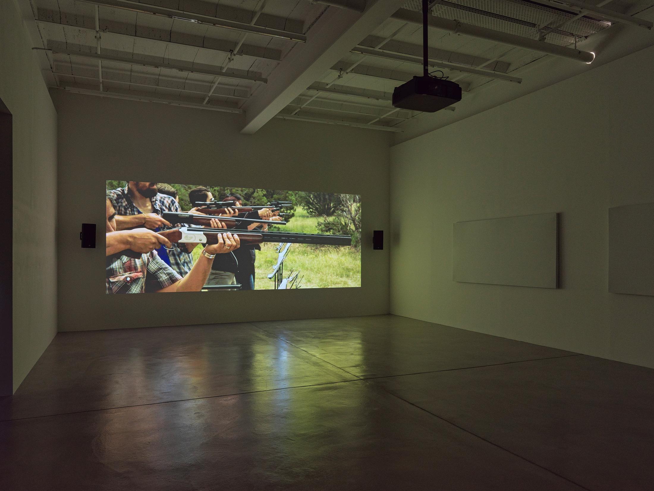 Exhibition View Group Show with installations by Raven Chacon, Belinda Kazeem-Kamiński and Oscar Tuazon at Galerie Eva Presenhuber, Maag Areal, Zurich, 2024 / Photo: Stefan Altenburger / Courtesy: the artists and Galerie Eva Presenhuber