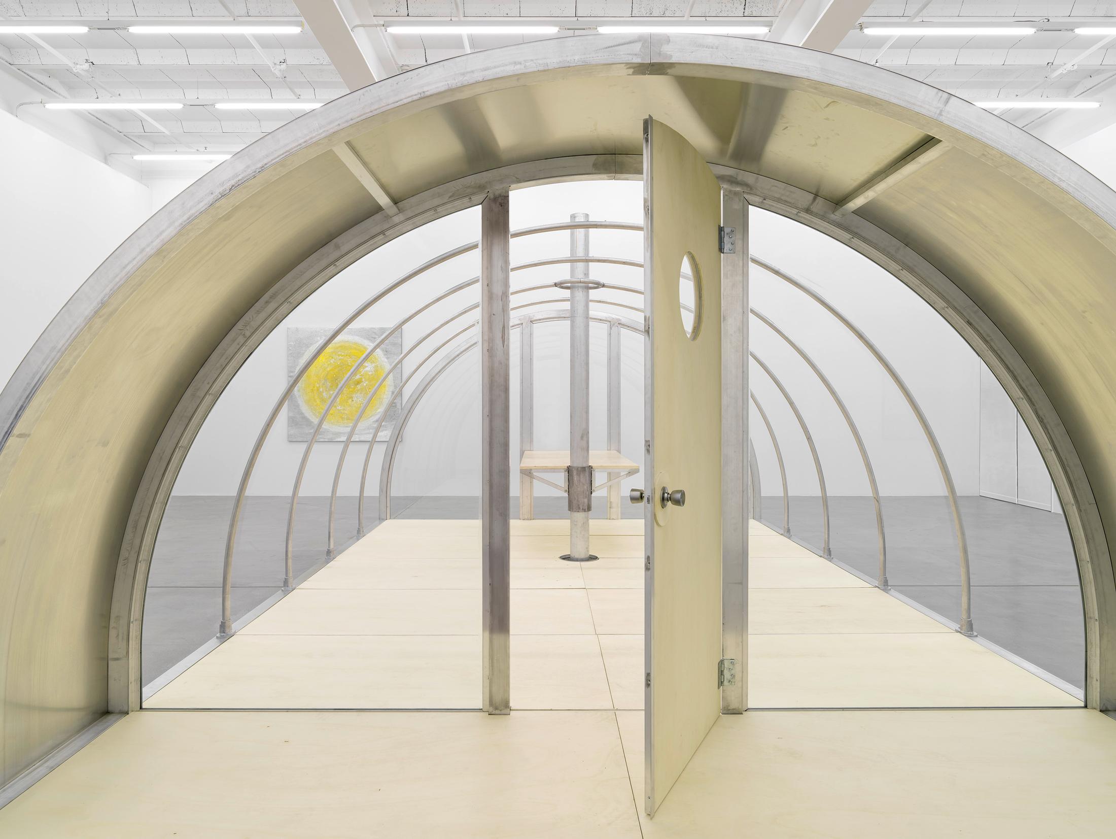 Exhibition View Group Show with installations by Raven Chacon, Belinda Kazeem-Kamiński and Oscar Tuazon at Galerie Eva Presenhuber, Maag Areal, Zurich, 2024 / Photo: Stefan Altenburger / Courtesy: the artists and Galerie Eva Presenhuber