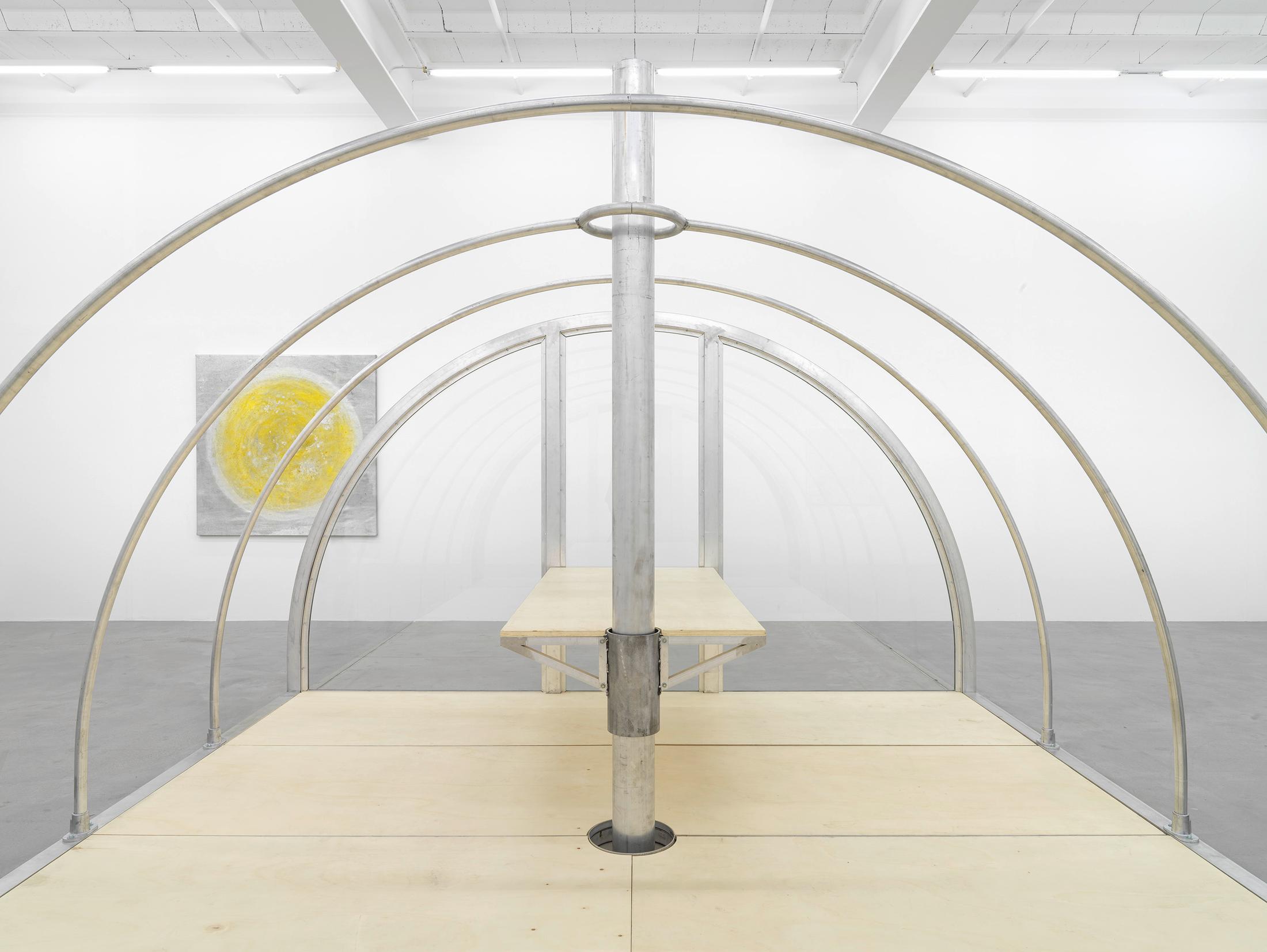 Exhibition View Group Show with installations by Raven Chacon, Belinda Kazeem-Kamiński and Oscar Tuazon at Galerie Eva Presenhuber, Maag Areal, Zurich, 2024 / Photo: Stefan Altenburger / Courtesy: the artists and Galerie Eva Presenhuber