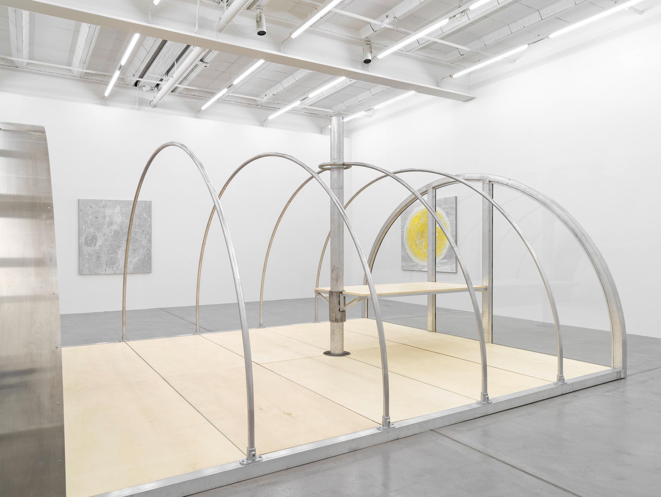 Exhibition View Group Show with installations by Raven Chacon, Belinda Kazeem-Kamiński and Oscar Tuazon at Galerie Eva Presenhuber, Maag Areal, Zurich, 2024 / Photo: Stefan Altenburger / Courtesy: the artists and Galerie Eva Presenhuber