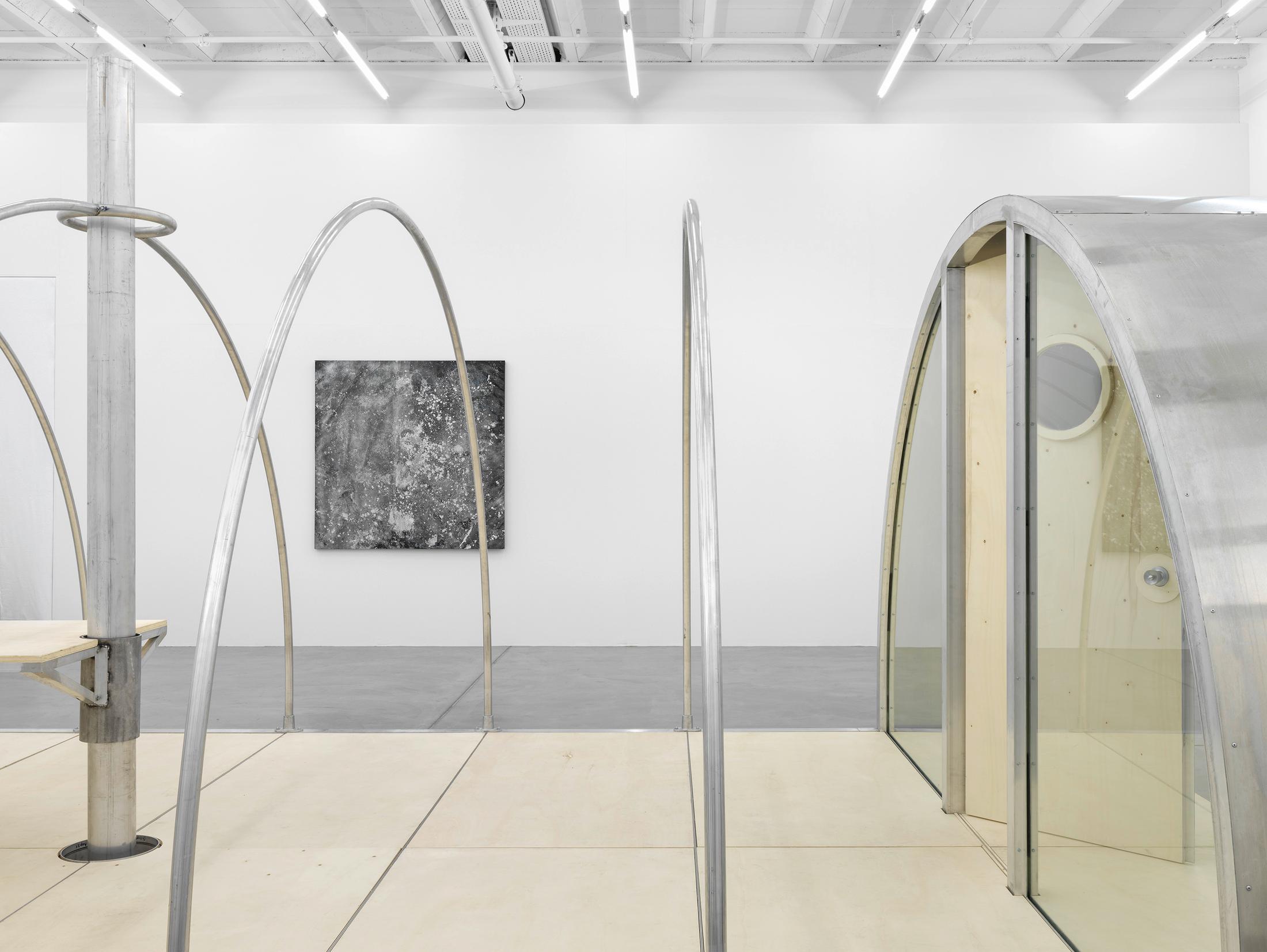 Exhibition View Group Show with installations by Raven Chacon, Belinda Kazeem-Kamiński and Oscar Tuazon at Galerie Eva Presenhuber, Maag Areal, Zurich, 2024 / Photo: Stefan Altenburger / Courtesy: the artists and Galerie Eva Presenhuber