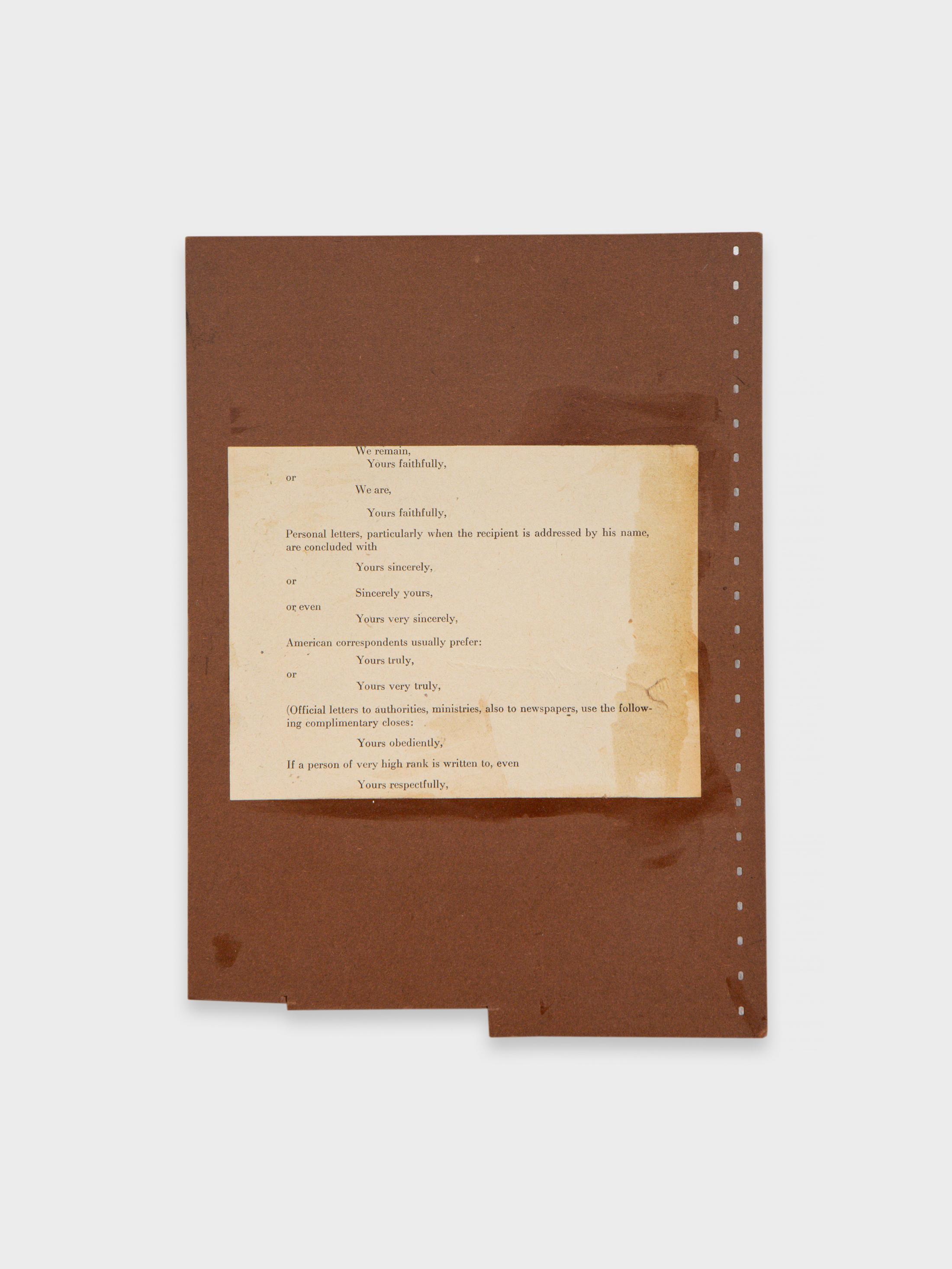 Exhibition View Group Show «From My Window; view on Rosa Aiello, Yours Faithfully (We remain), 2022, Cardboard divider, wood, glue, paper from "Englische Geschäftsbriefe" by Günter Wichmann, Verlag Die Wirtschaft, Berlin, 1967, 23.3 x 16.8 x 2.2 cm» at Sentiment, Zurich, 2023 / Photo: Philipp Rupp & Julien Gremaud / Courtesy: the artist and Sentiment