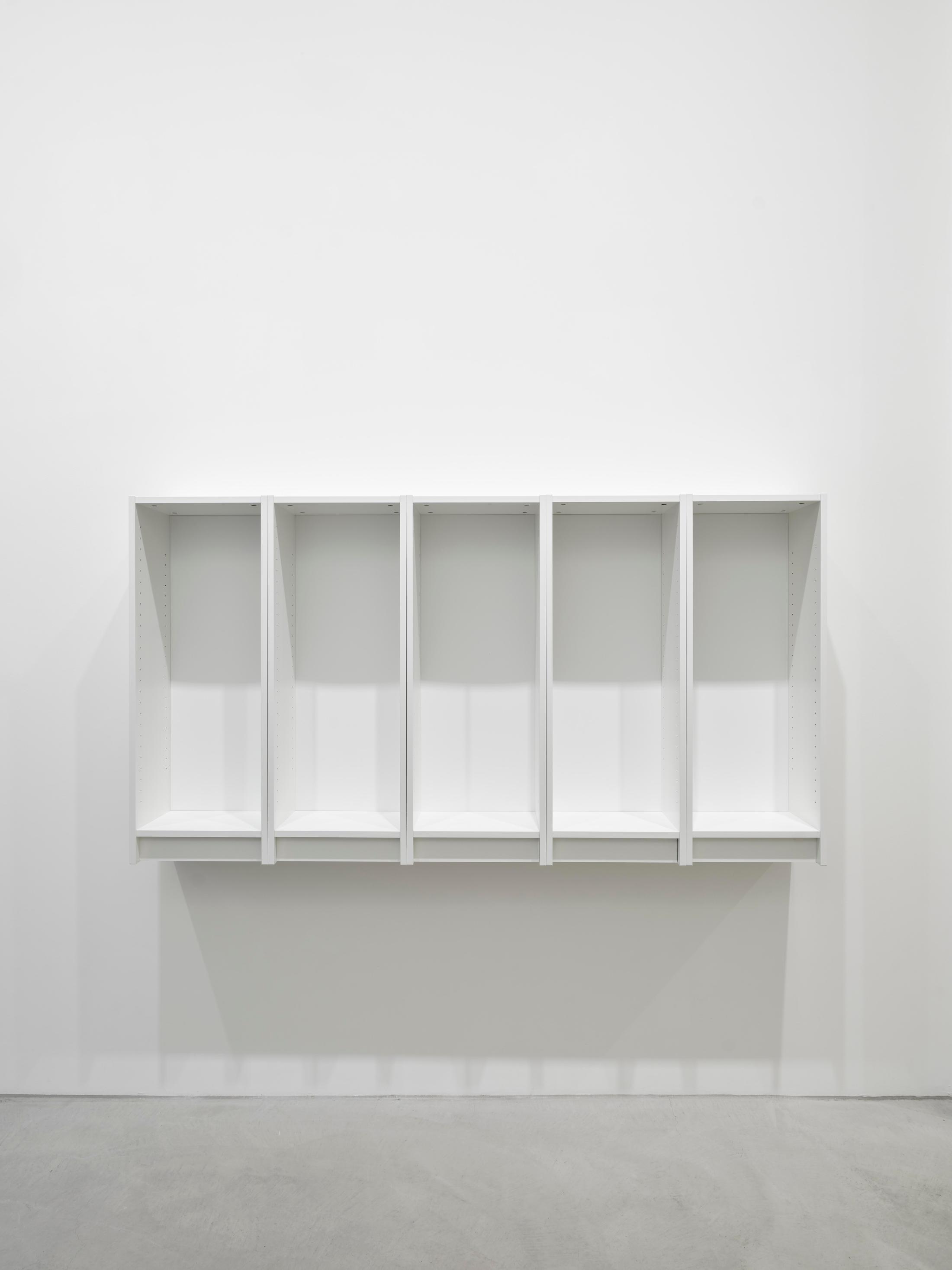 Exhibition View Solo Show Sanna Helena Berger «Nicht-nur-Spekulativ; view on Sanna Helena Berger, Sehr Konsequent, 2024, Particleboard, Paper foil, Plastic edging, Fibreboard, Paint, 106 x 200 x 28 cm» at Galerie PHILIPPZOLLINGER, Zurich, 2024 / Photo: Conradin Frei / Courtesy: The artist and Galerie PHILIPPZOLLINGER