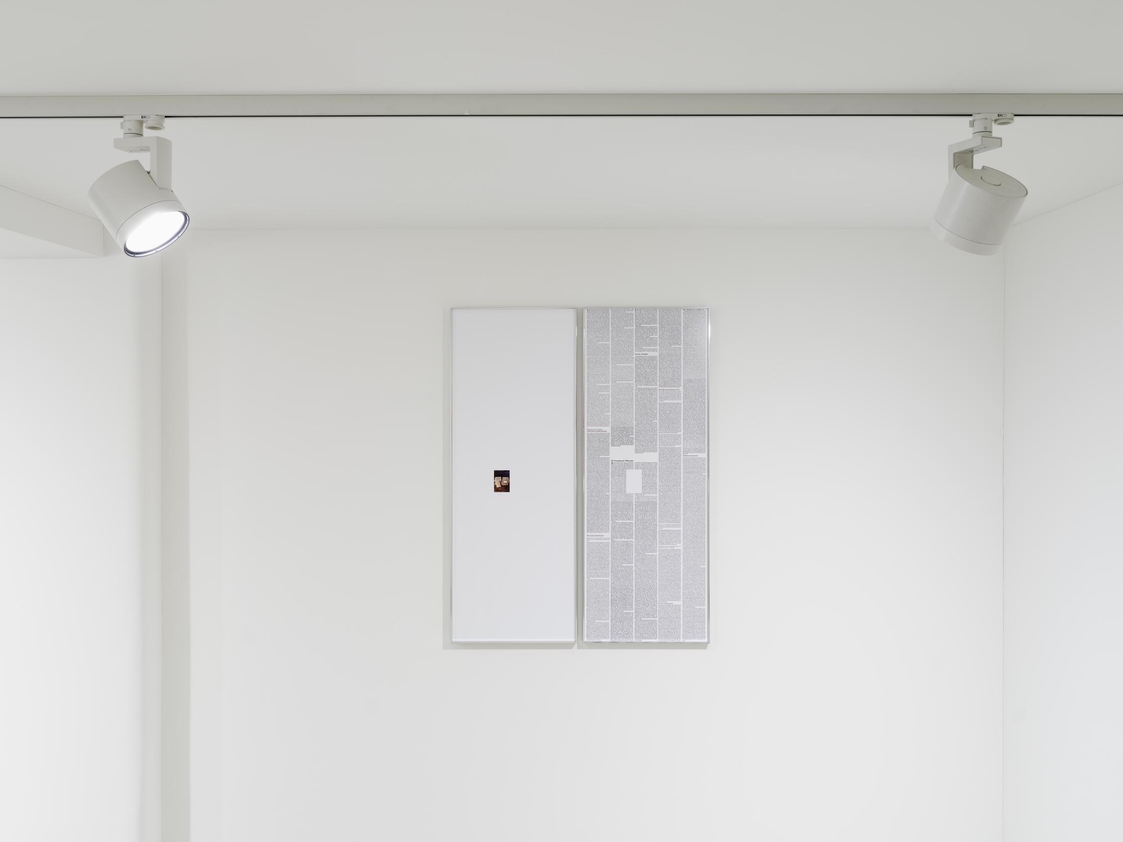 Exhibition View Solo Show Sanna Helena Berger «Nicht-nur-Spekulativ; view on Sanna Helena Berger, Nicht ganz Standard, 2024, 2 Brushed Aluminium frames, each 106 cm x 40 cm x 28 cm, Digital print» at Galerie PHILIPPZOLLINGER, Zurich, 2024 / Photo: Conradin Frei / Courtesy: The artist and Galerie PHILIPPZOLLINGER